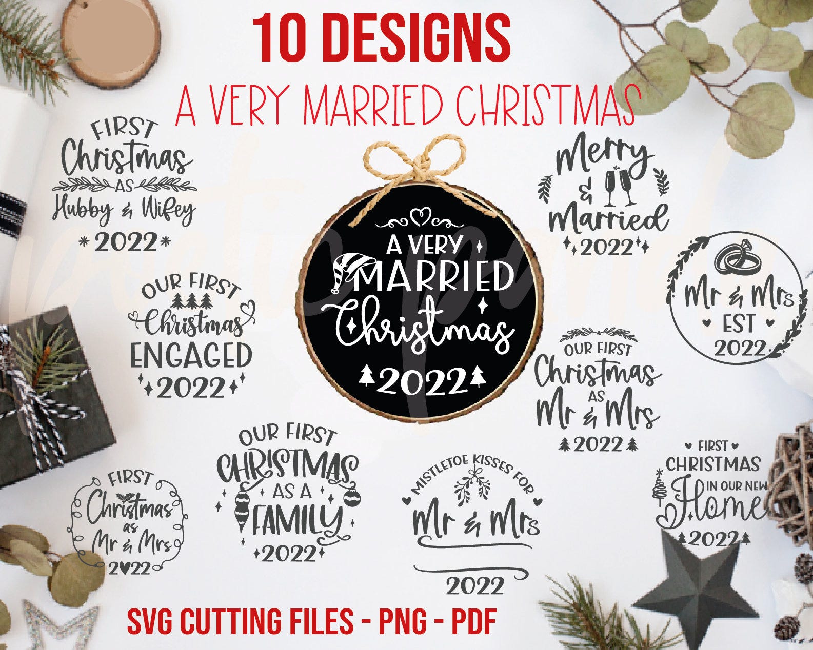 First married Christmas bundle svg, Married 2022 Christmas decor svg, First Christmas as Mr and Mrs svg, Newly wed Christmas ornament svg