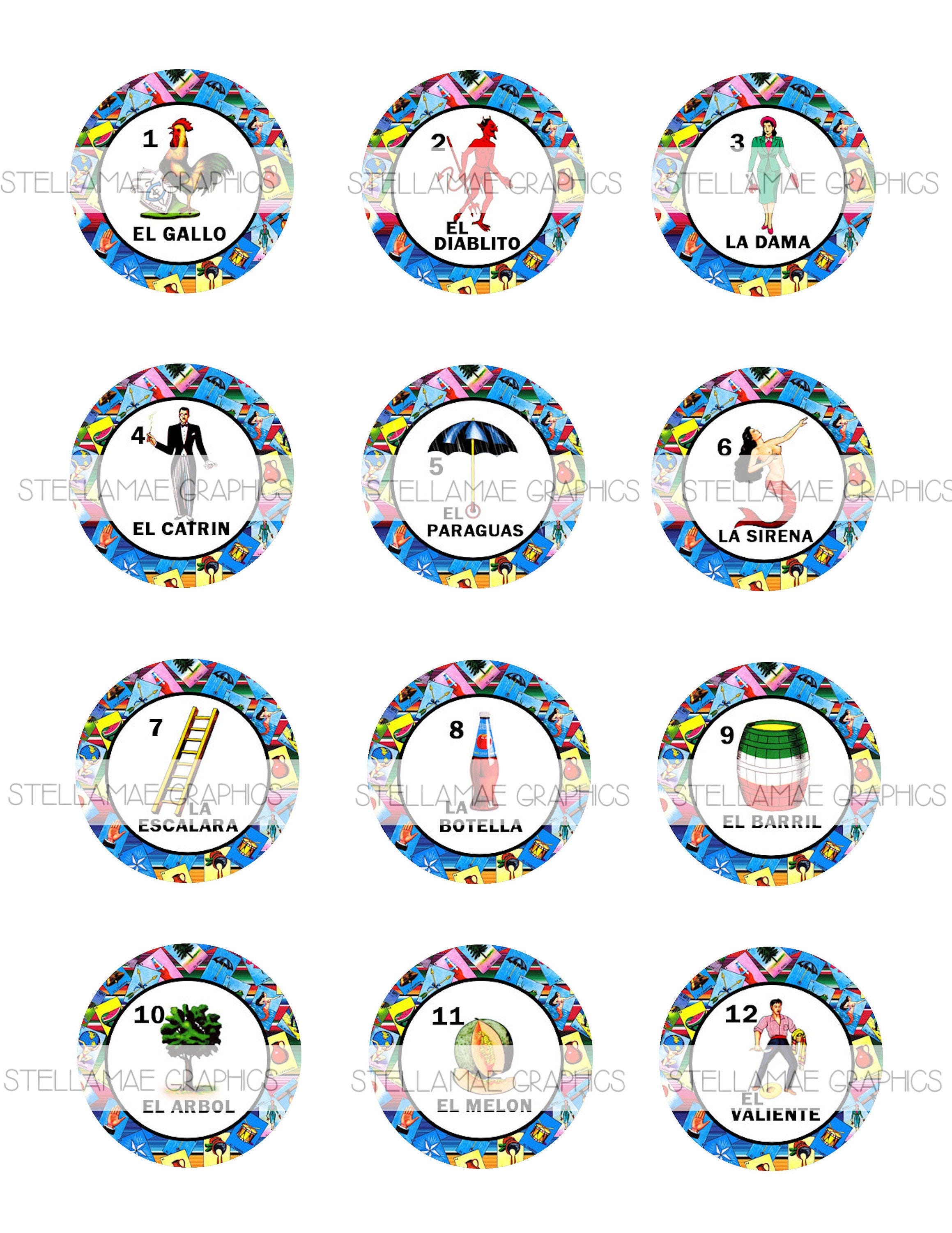 Mexican Loteria bundle (1-60) -  2 inch circle images with loteria cards border, bottlecap, cupcake topper - INSTANT DOWNLOAD