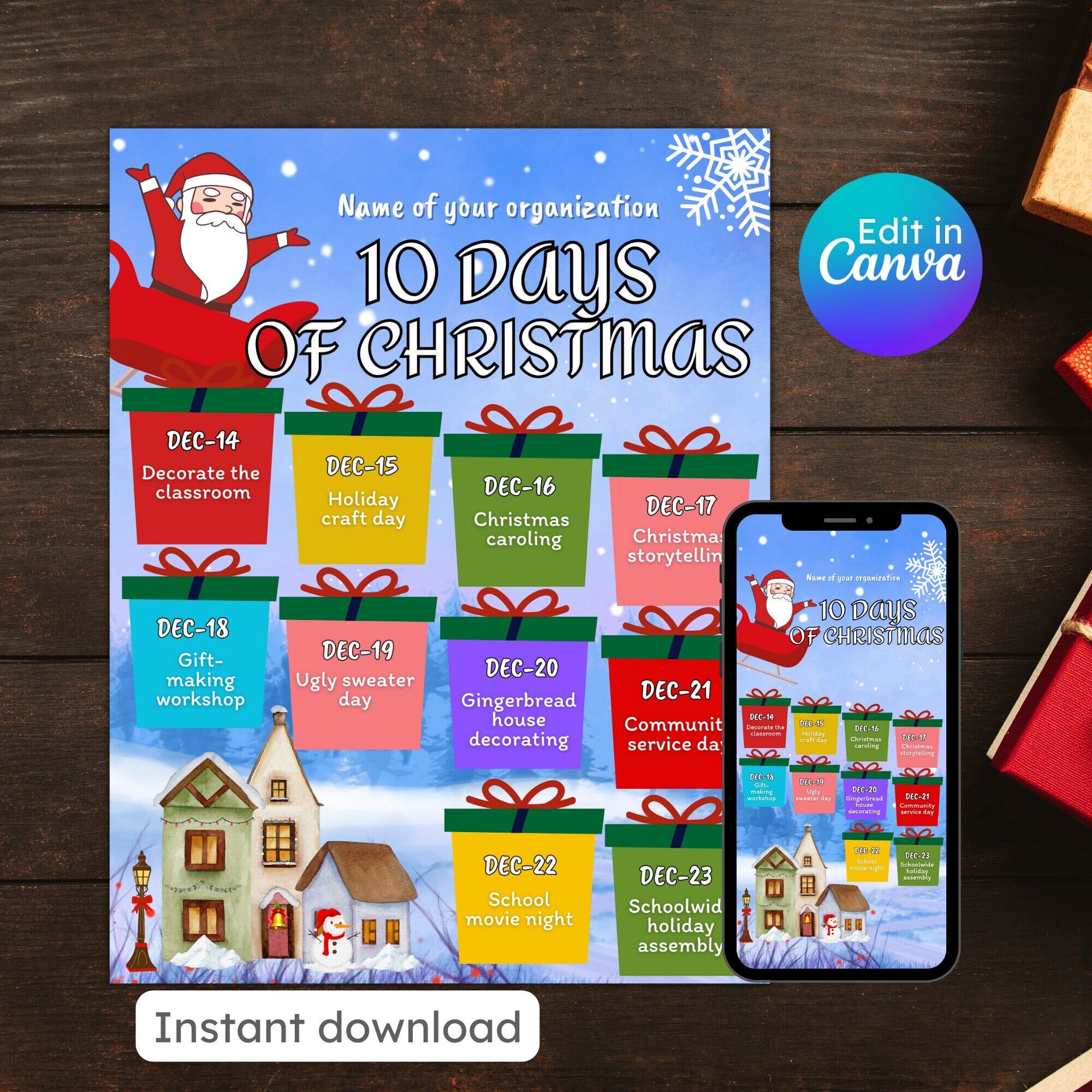 10 days of christmas flyer xmas countdown days until christmas Santa Claus kids advent editable printable instant download