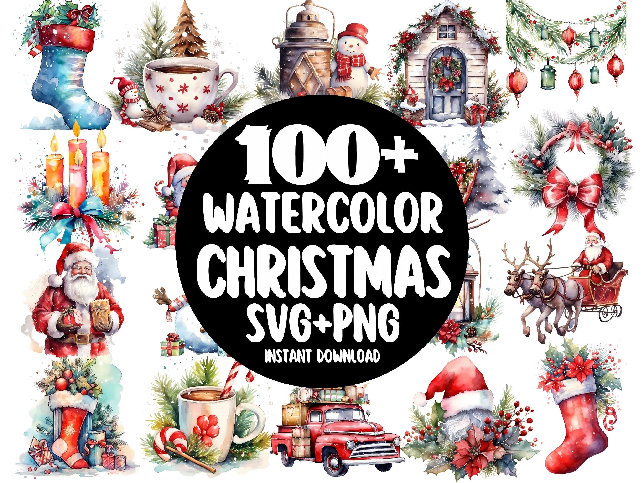 100 Christmas Svg Bundle, Watercolor Clipart Christmas Bundle Unique Winter Svg Png, Santa Svg, Holiday Png, Snowman Svg Png Merry Christmas