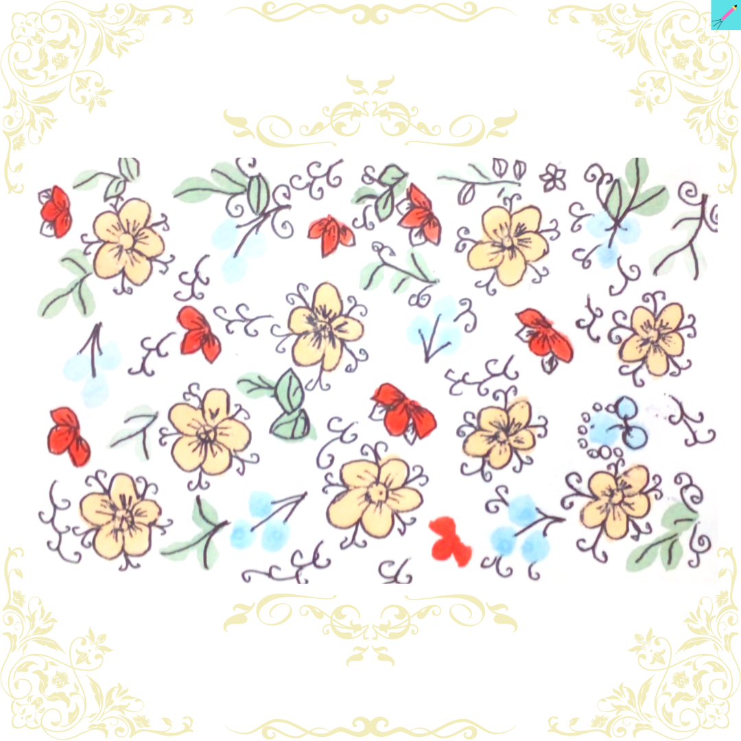 Red and peach flowers, blue berries, and green leaves doodle art motif