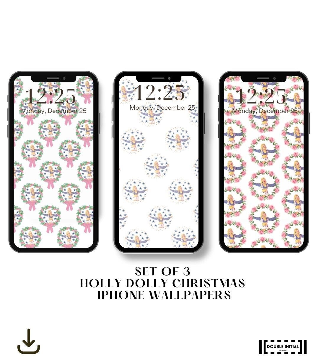 Set Of 3 Holly Dolly Christmas Phone Wallpapers, Dolly Holiday, Cute Christmas Background, Winter Wallpaper iPhone, Instant Download, xmas