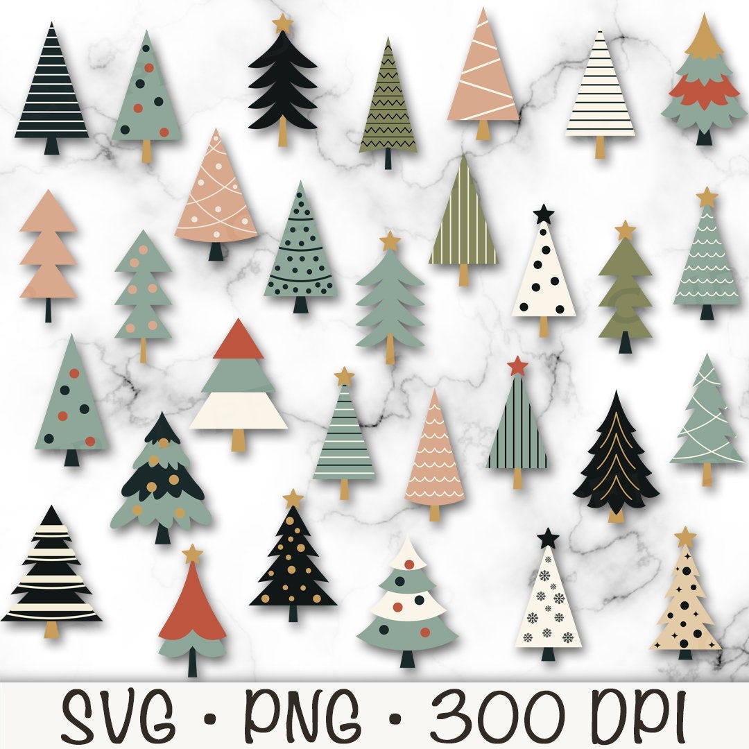 Christmas Tree Bundle SVG, Christmas Tree PNG Clip Art,  Boho Christmas Tree, Retro, Vintage, Scandinavian, Instant Digital Download