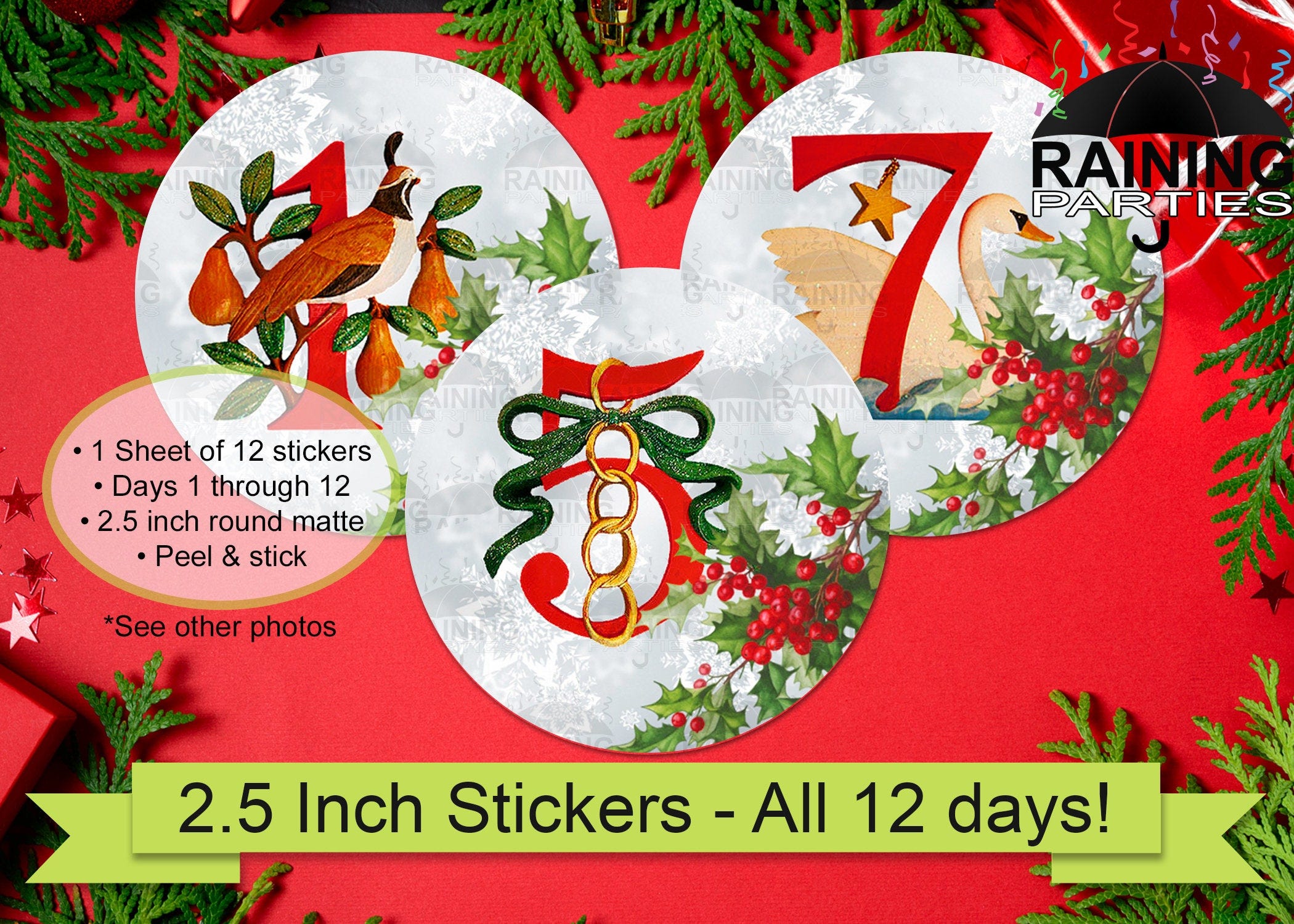 12 Days of Christmas Stickers, Happy Holidays Gift Tags, Present, Envelope Seals, Thank You, Neighbor Appreciation, Secret Santa, Merry Xmas