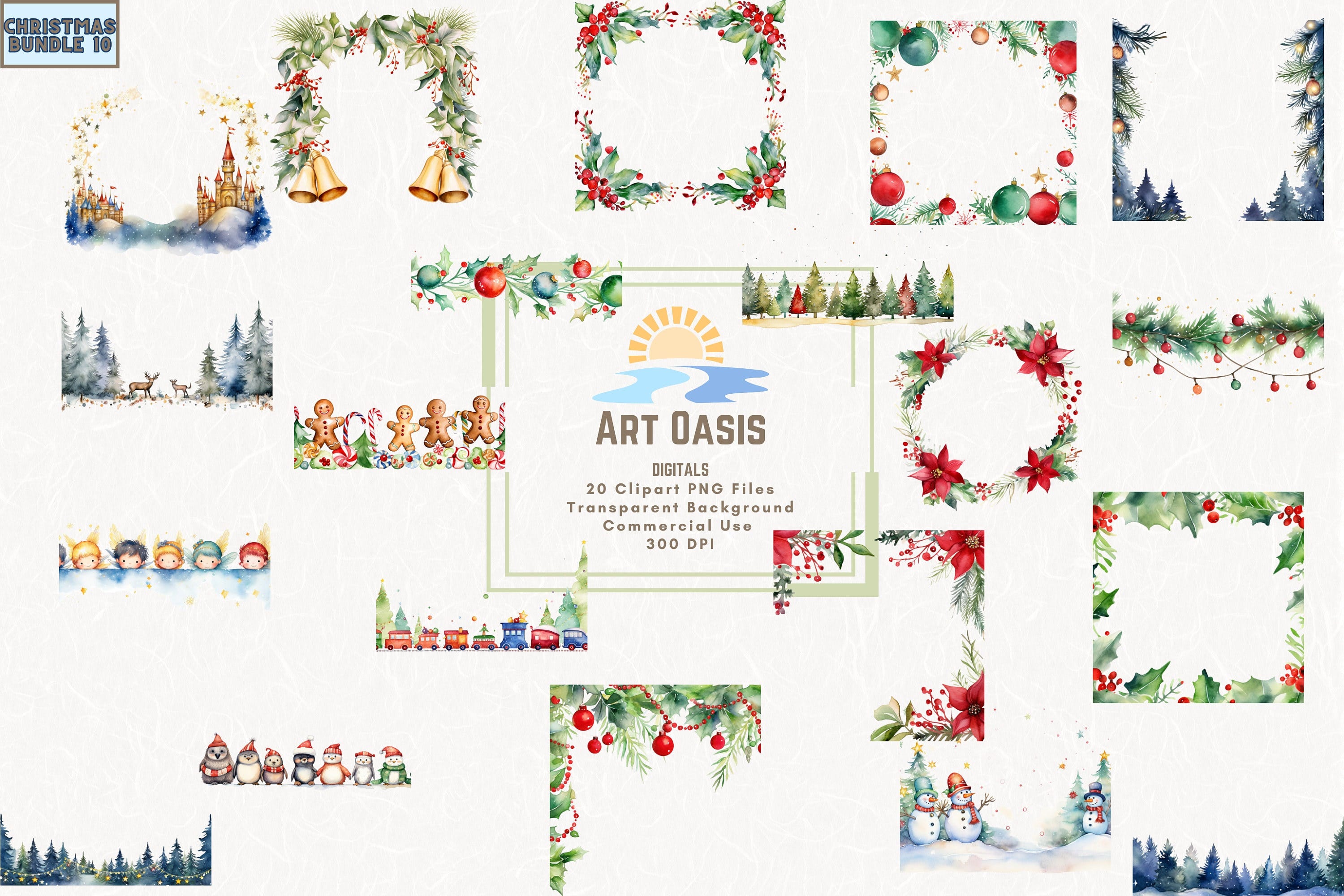 Watercolor Christmas Winter Border Frame Wreath Clipart Bundle of 20 Transparent Background Digital Download PNG Graphics - Commercial Use