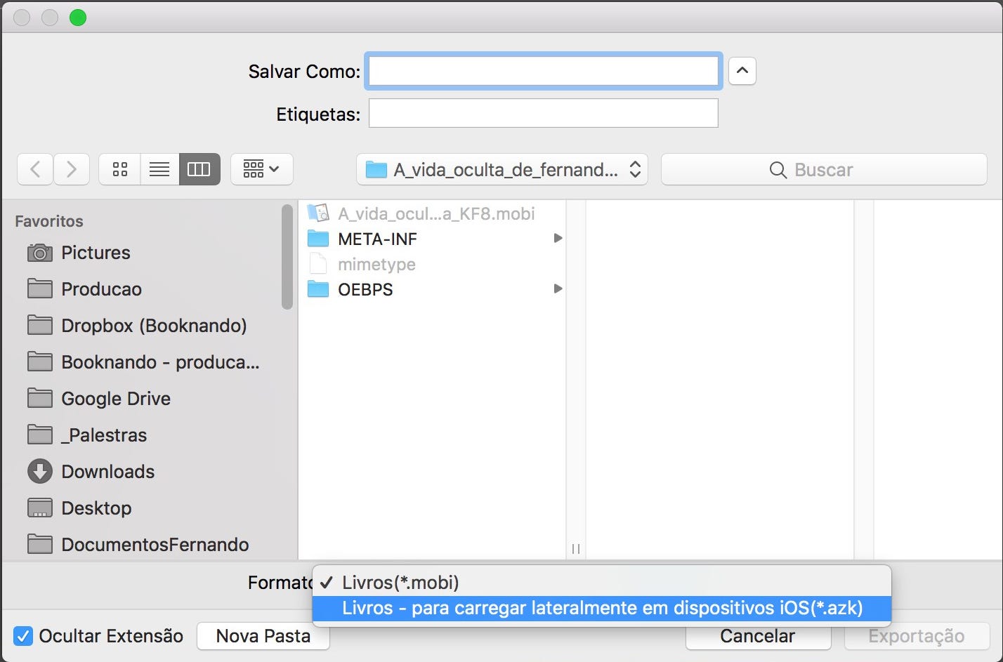 Selecione Arquivo > Exportação e exporte utilizando a opção: Livros - para carregar lateralmente em dispositivos iOS
