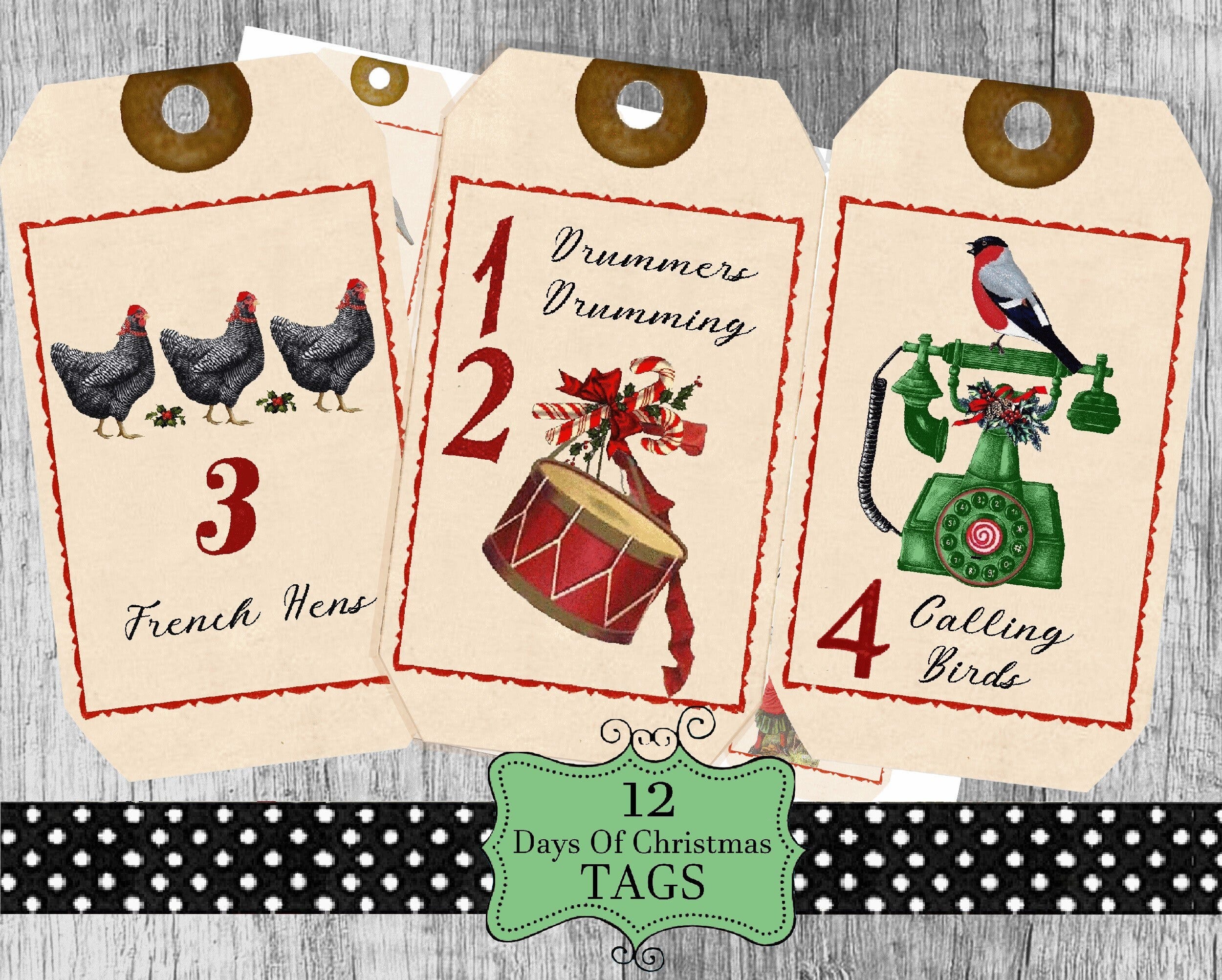 Twelve Days Of Christmas Tags printable gift tags hang tags journaling journal Twelve Days Of Christmas labels digital collage sheet