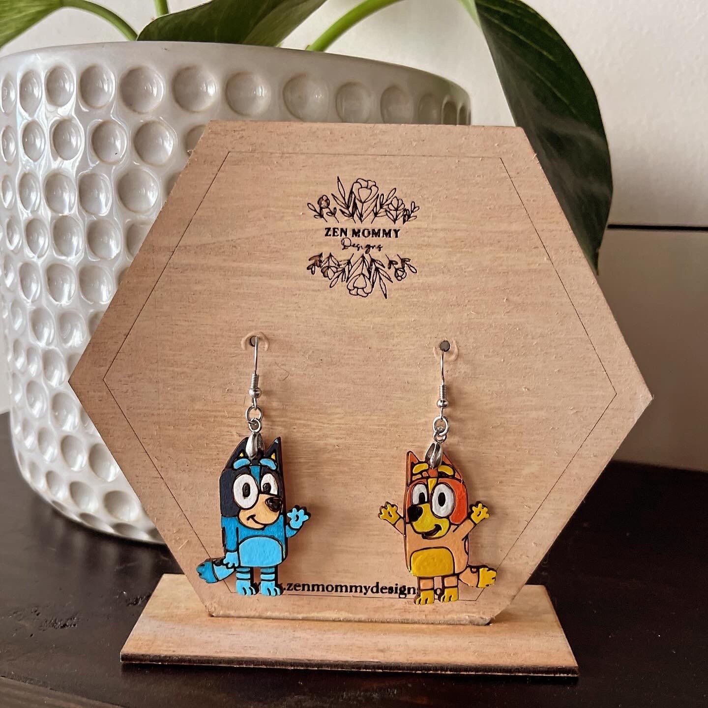 Handmade Bluey and Bingo inspired dangle earrings