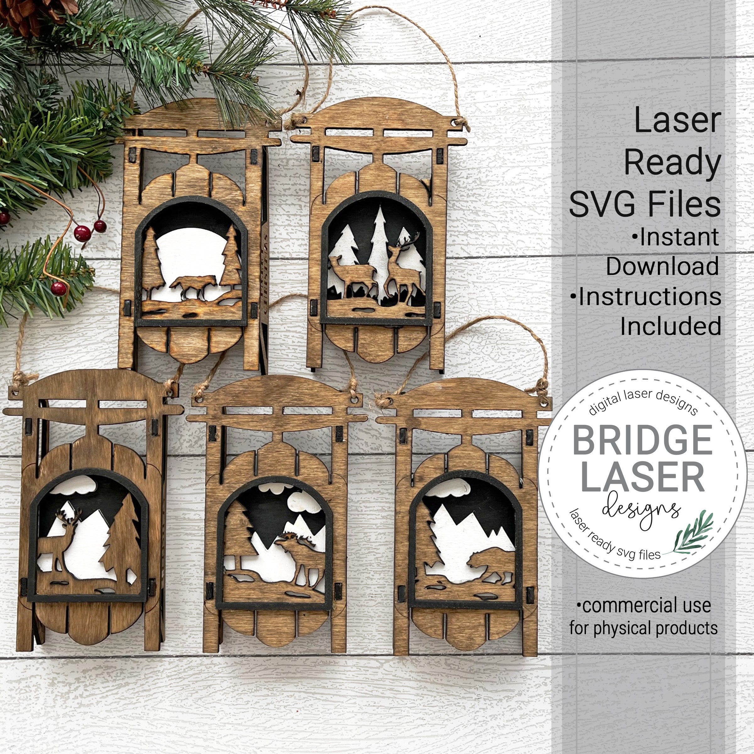 Christmas Sleigh Ornament Bundle Laser Cut File, Christmas Ornament SVG, Sleigh Deer Moose Bear, Glowforge Laser Design, Christmas Laser SVG