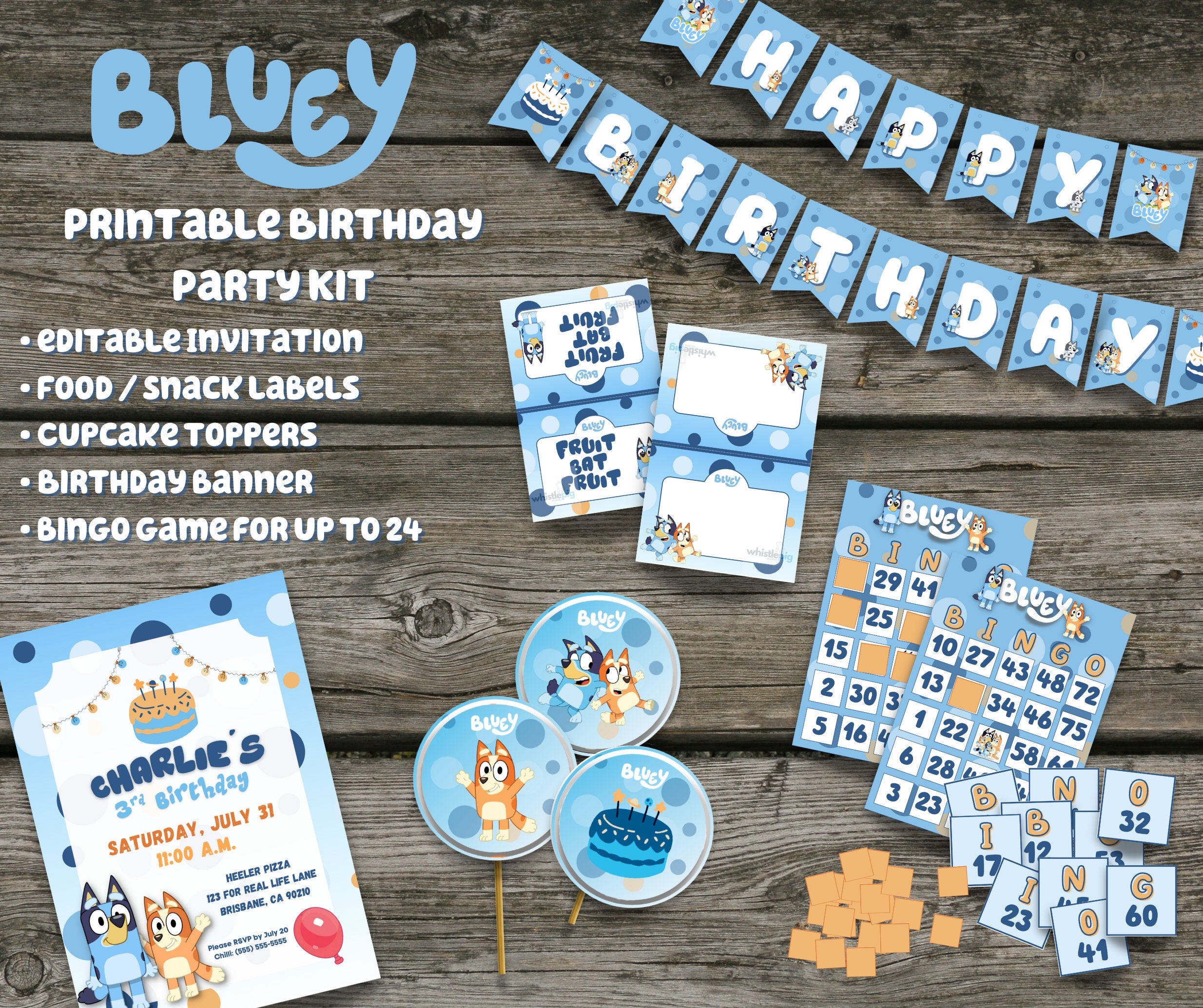 Complete Printable Editable Bluey Birthday Party Decoration and Game Kit - Includes Food Tents, Cupcake Toppers, Game, Invitation & Banner