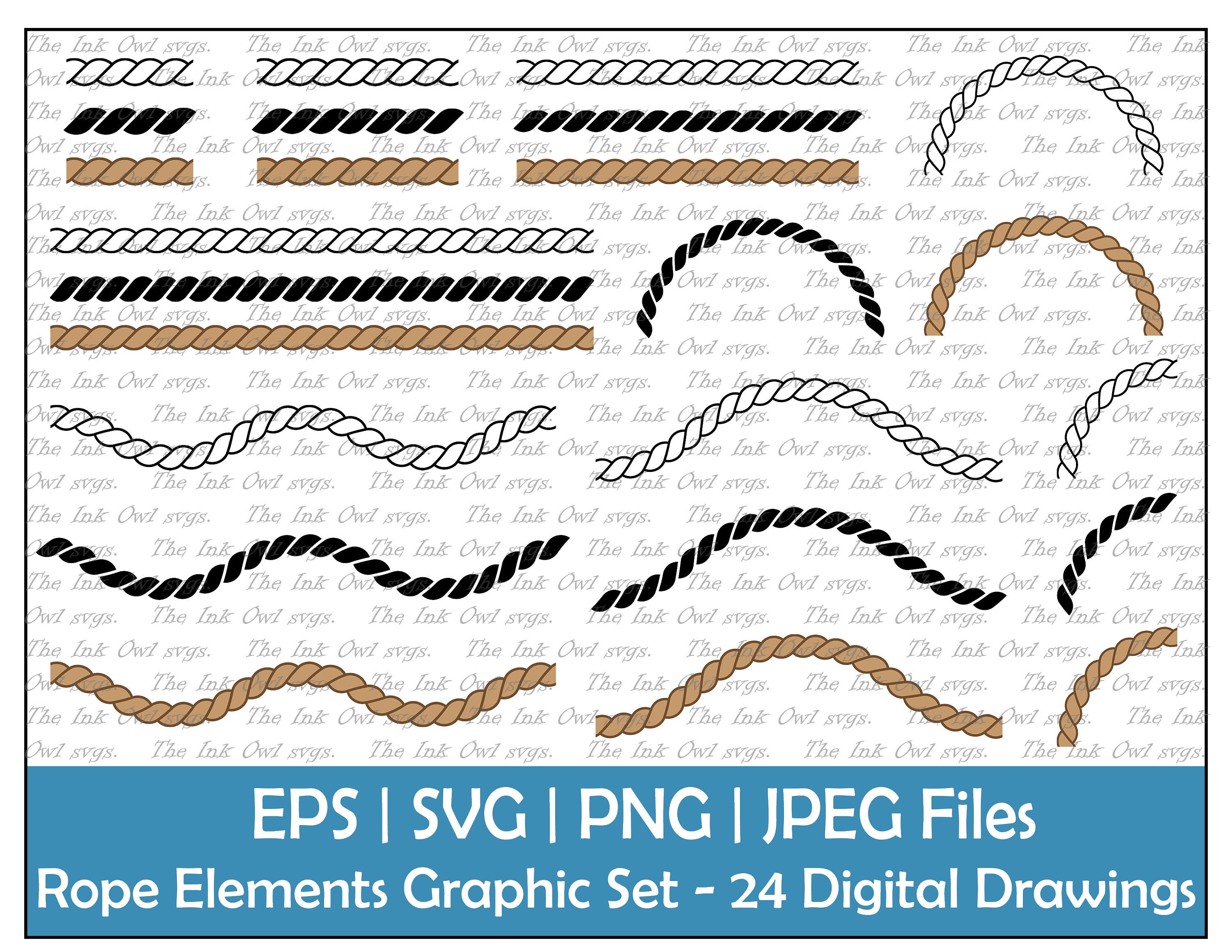 Rope Graphic Clipart Set / Outline & Stamp Drawings / Decorative Element / Line, Curve, Wave, Corner, Semi Circle / PNG, JPG, SVG, Eps