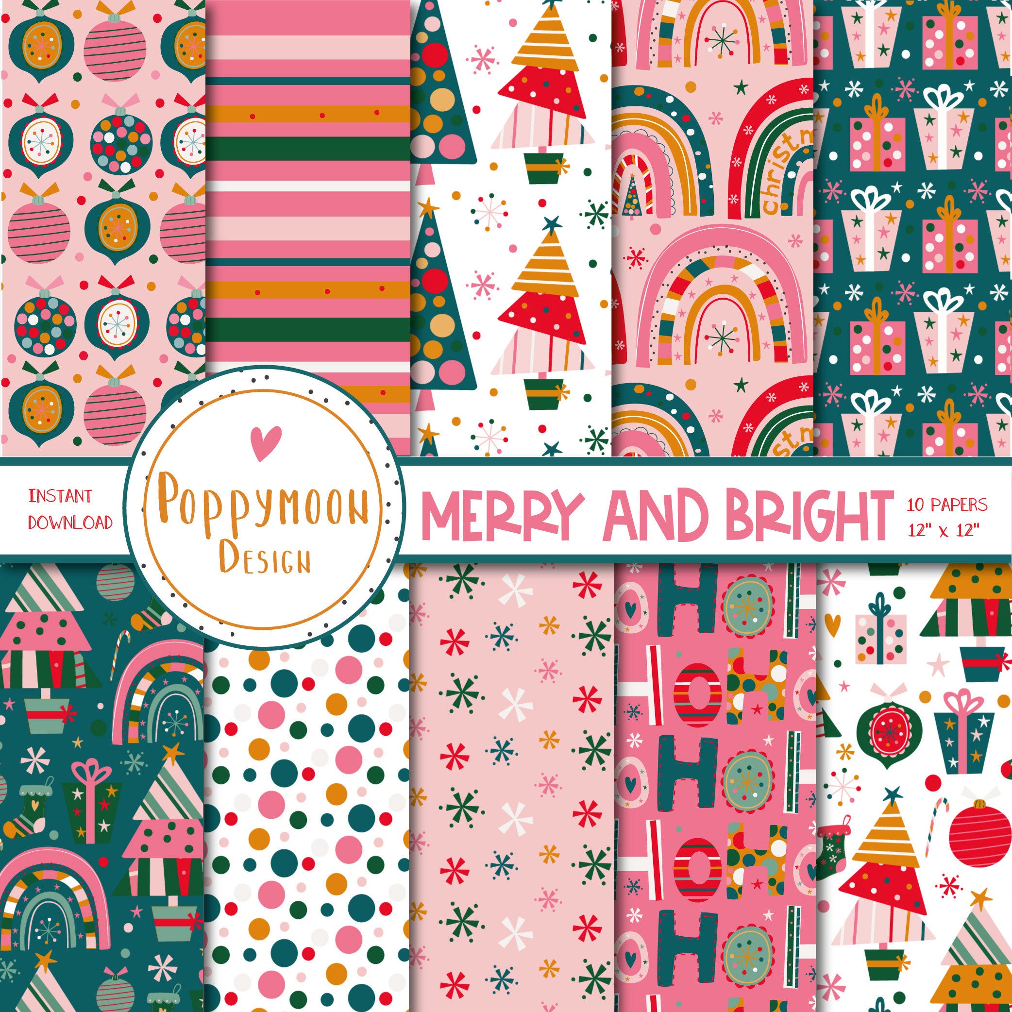 Merry and Bright, festive patterns, printable digital paper pack