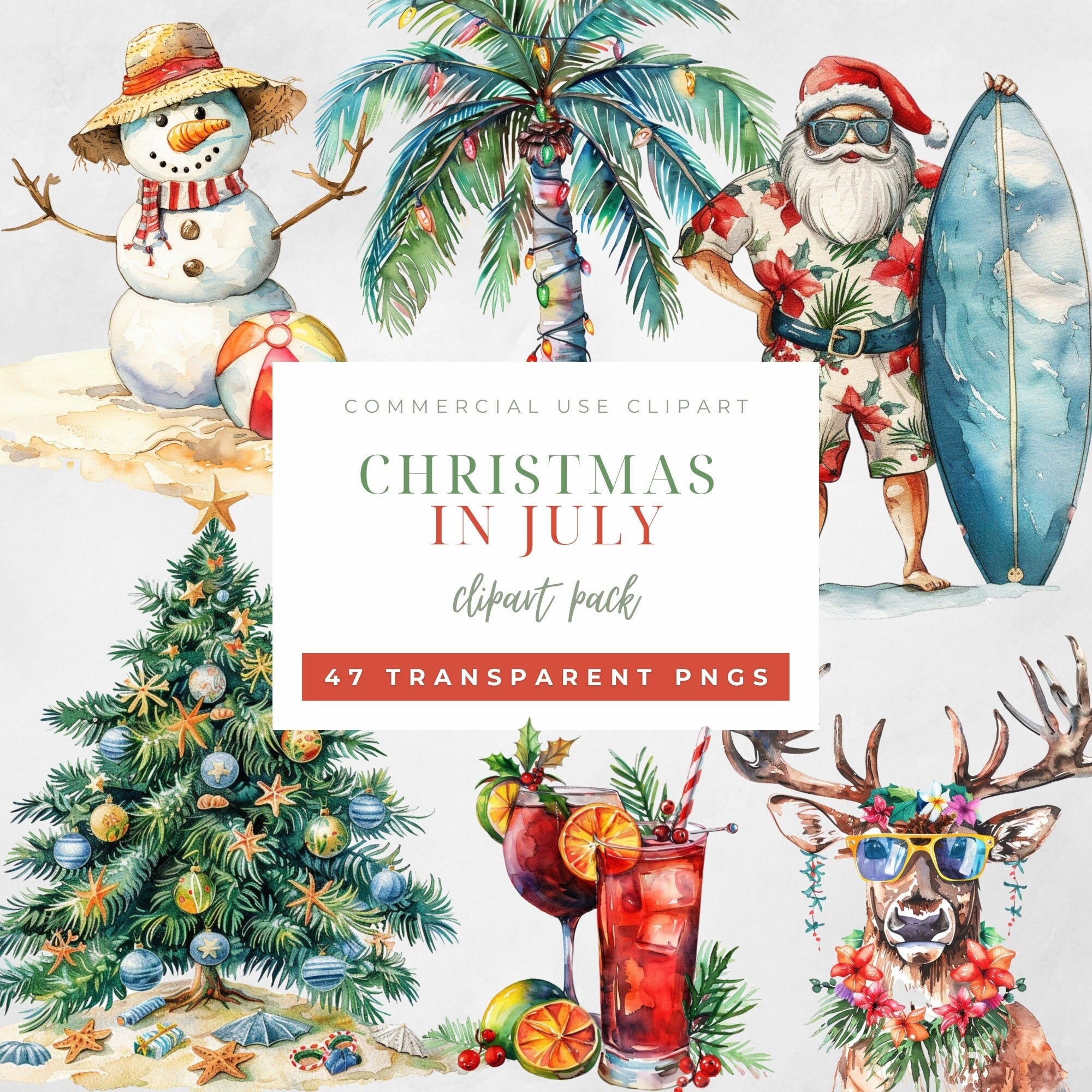 Summer Christmas in July PNG Clipart Beach Tropical Holiday Santa Watercolor Bundle Set Transparent Background Digital Paper Craft Graphic