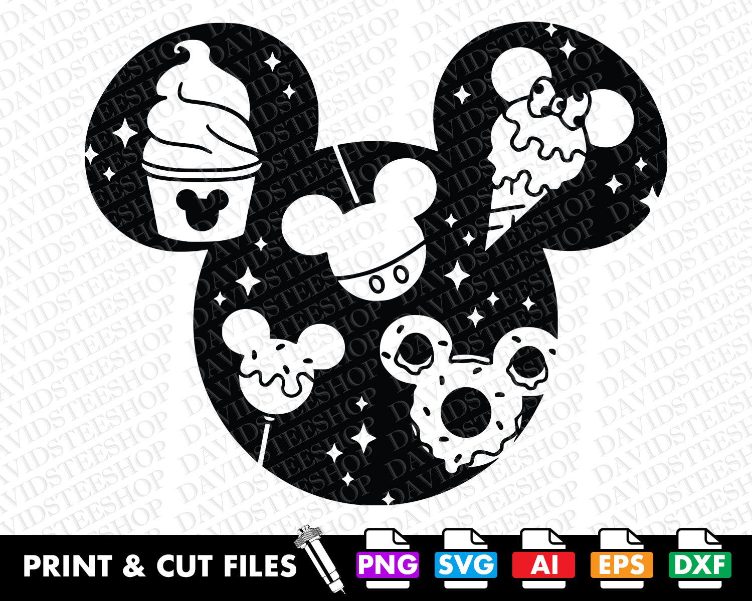 Mickey Snacks Head Silhouette Vacay Trip Magical Design Svg Vector Cut File Clipart Download for Cricut Silhouette (Svg, Png, Eps, Ai, Dxf)