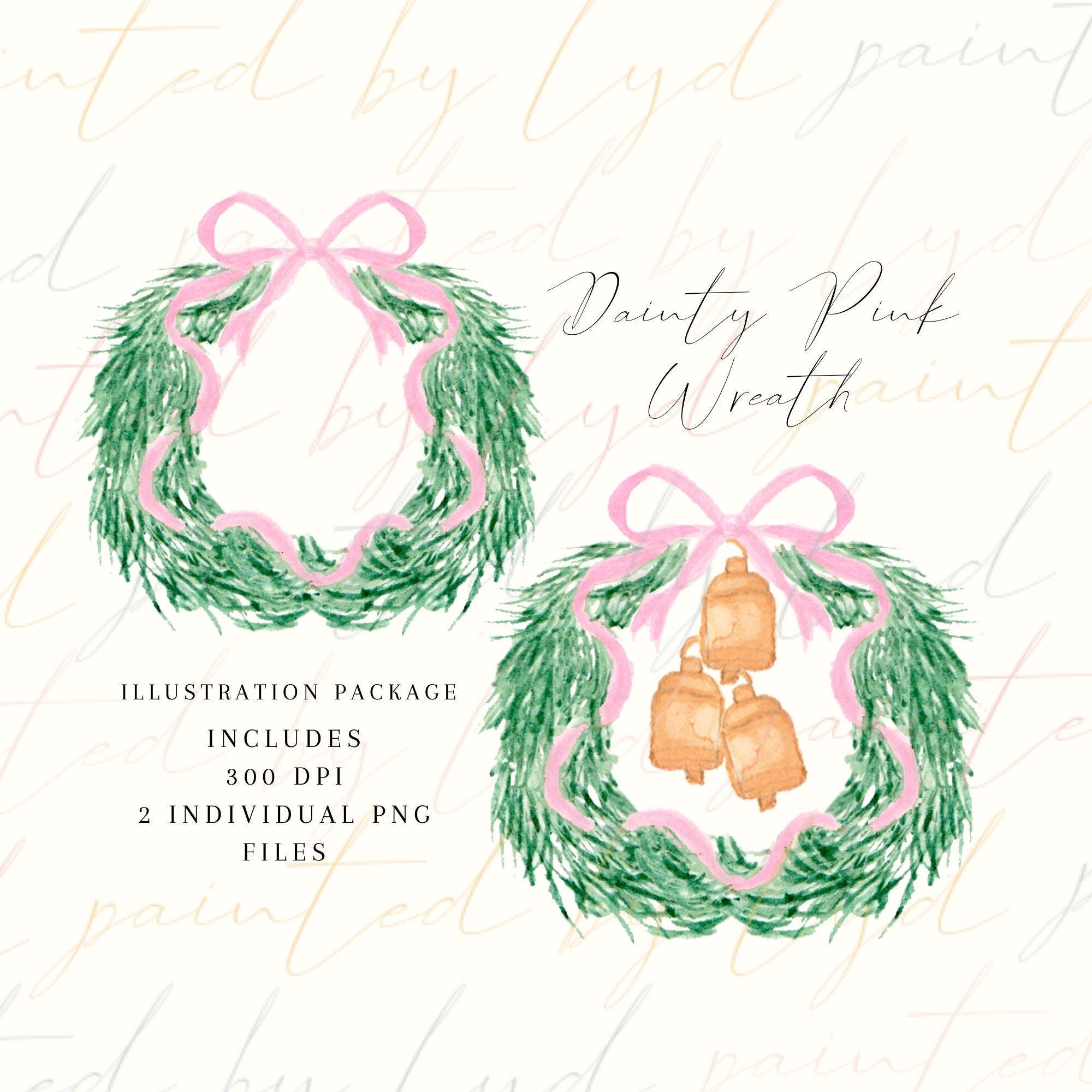 Evergreen Wreath, Pink, Christmas, greenery, Hand-painted, watercolor, PNG, download, digital, ribbon, holiday, girl, baby shower, nursery