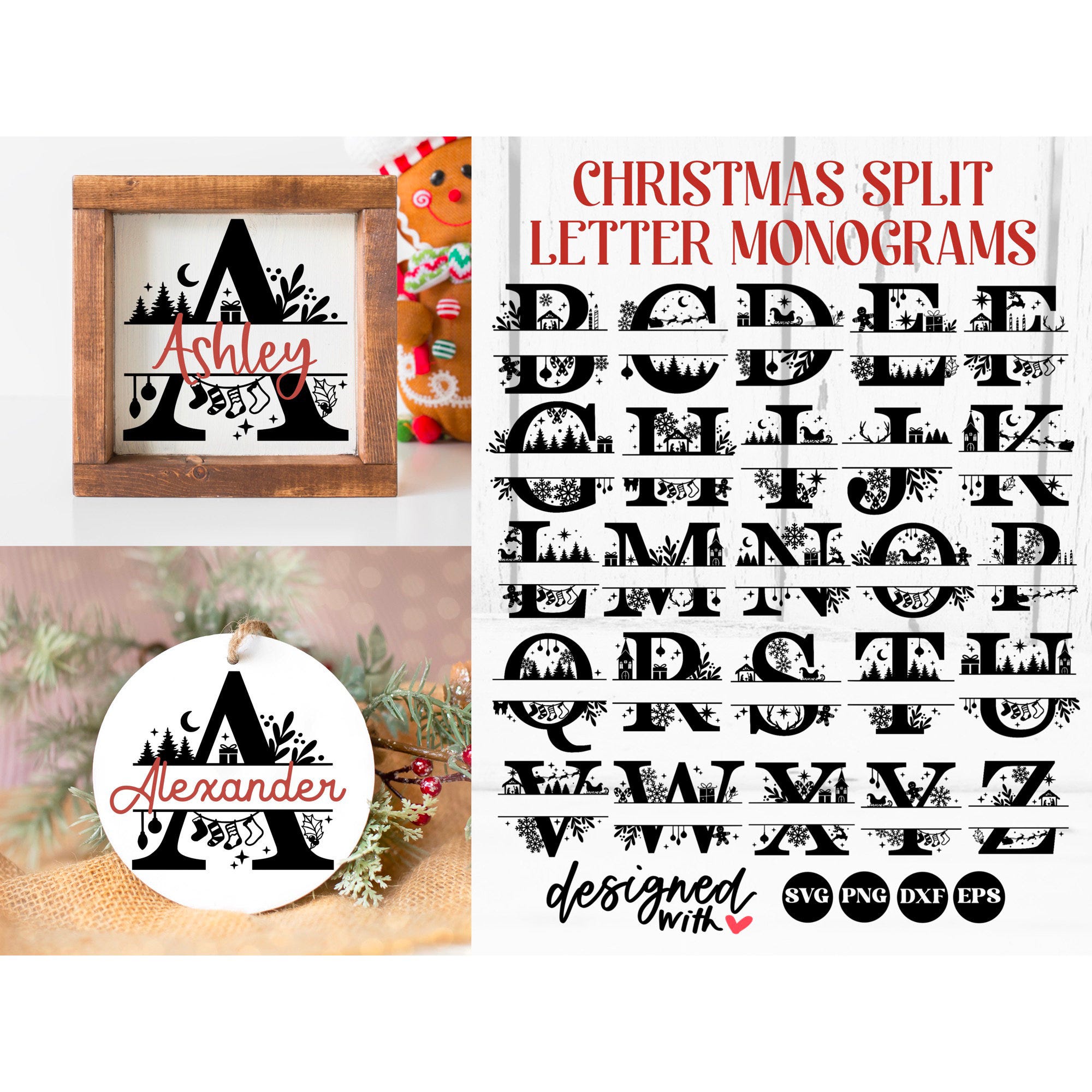 Christmas Split Letter Monogram svg, christmas monogram svg, christmas alphabet svg, christmas name frame svg, christmas ornament svg png