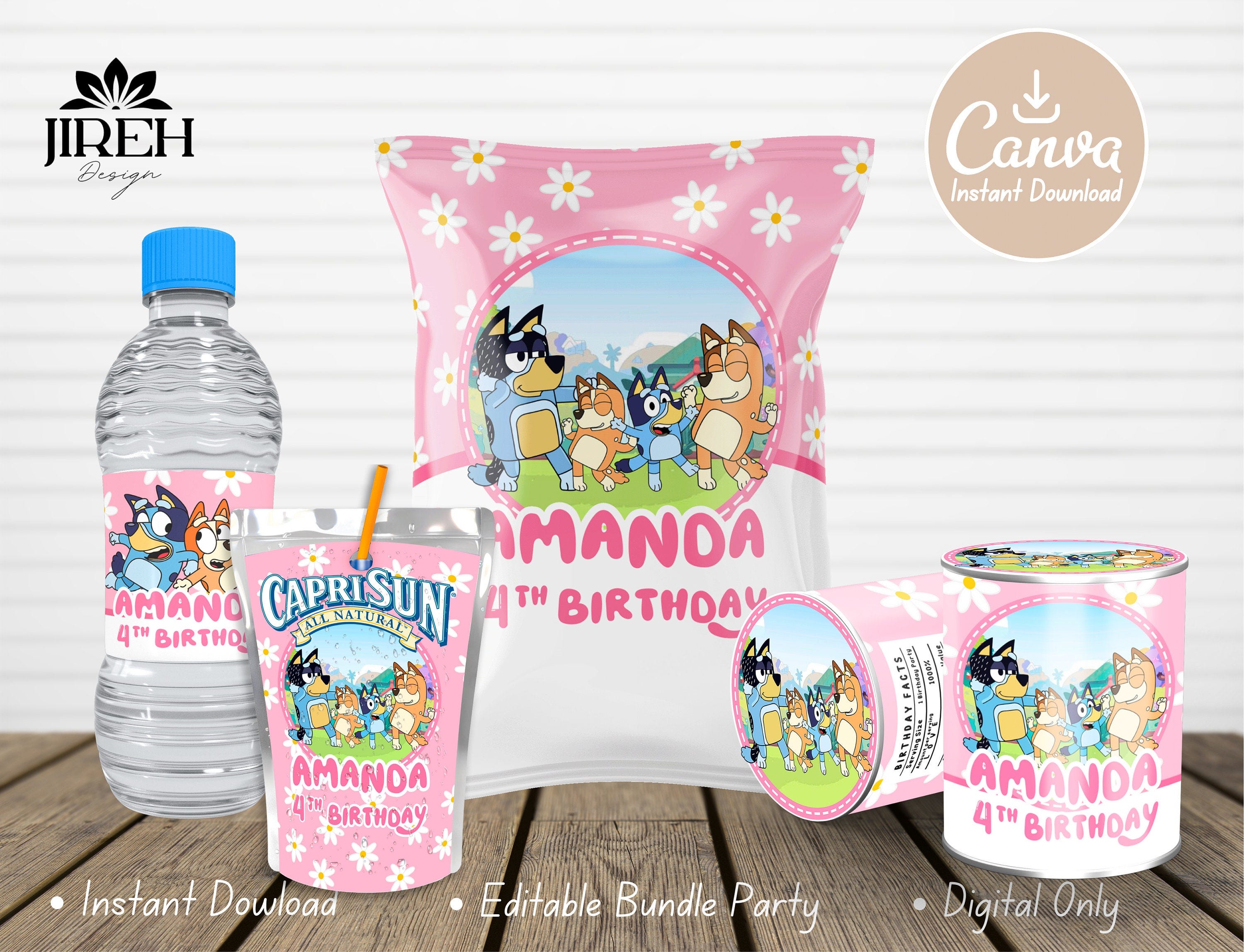 Editable Bluey Girl Party Printable Bundle, Bluey girl chip bag juice water label rice krisp, Bluey Girl Birthday Printable, Canva Template