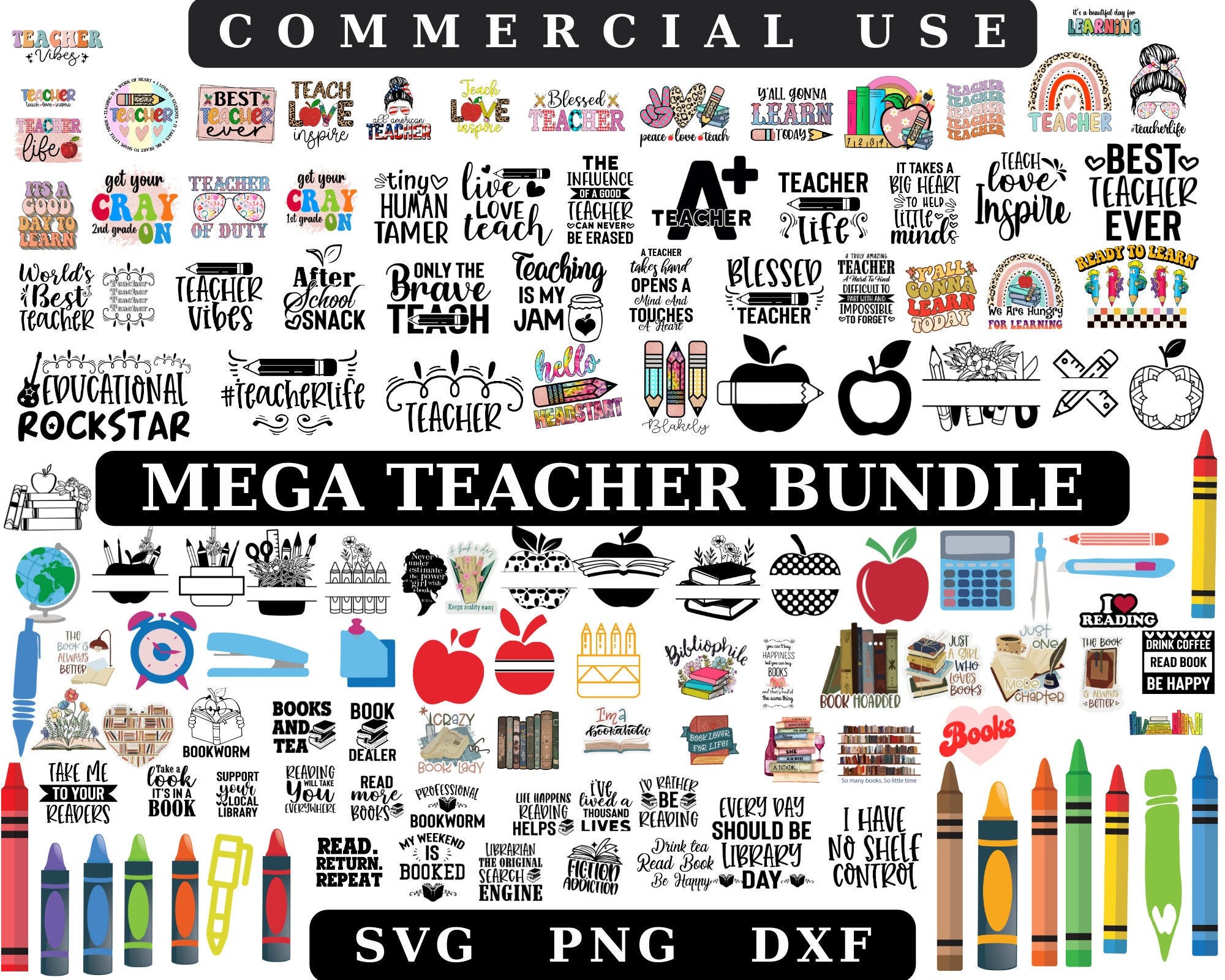 Ultimate Teacher Bundle - 100+ SVG, PNG, DXF Designs for Back to School and Teacher Appreciation - Perfect for Cricut and Silhouette