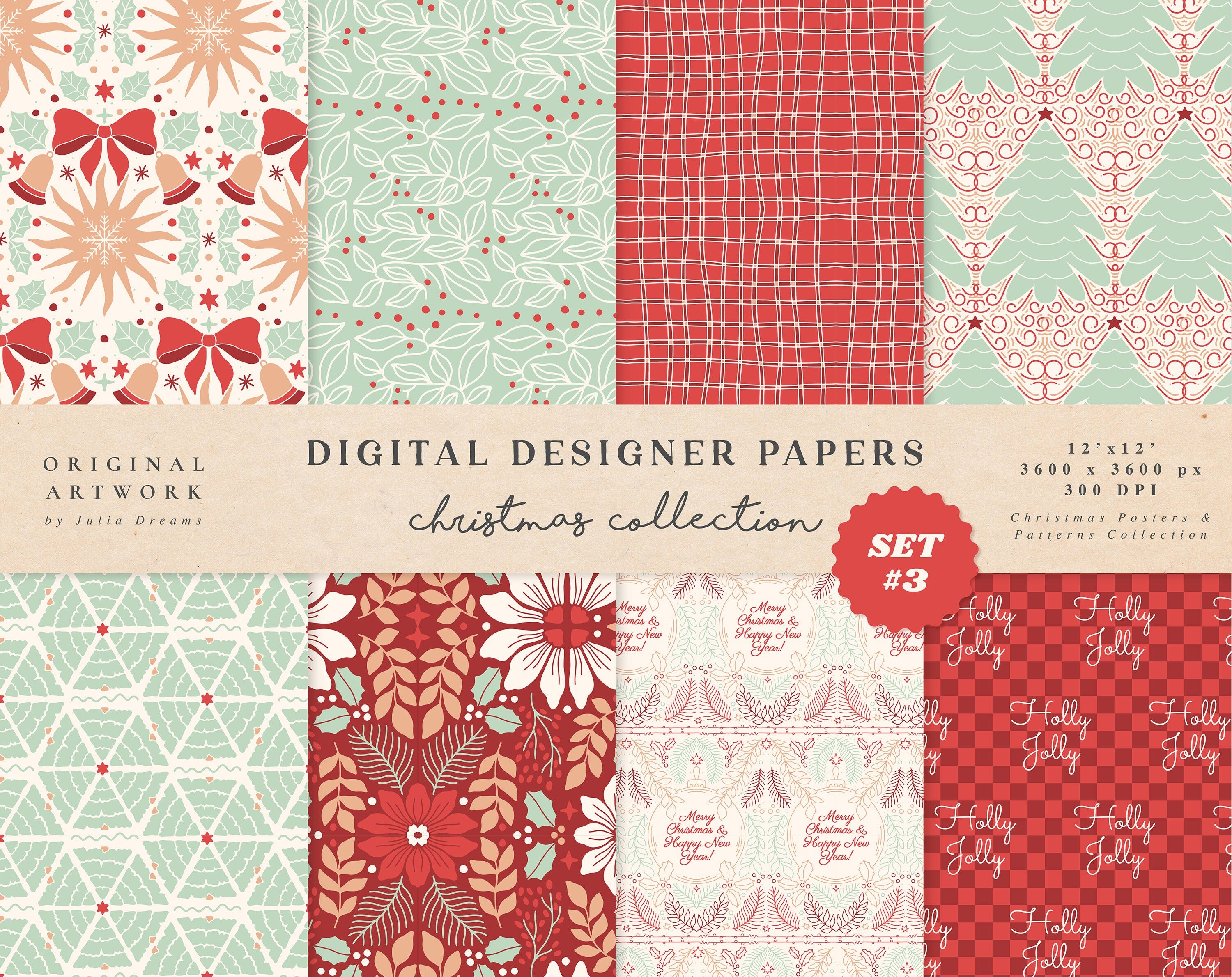 Christmas Modern Digital Paper Set - Scrapbook Paper - Seamless Patterns - Digital Background - Printable Paper Set - Xmas Tree 70s groovy