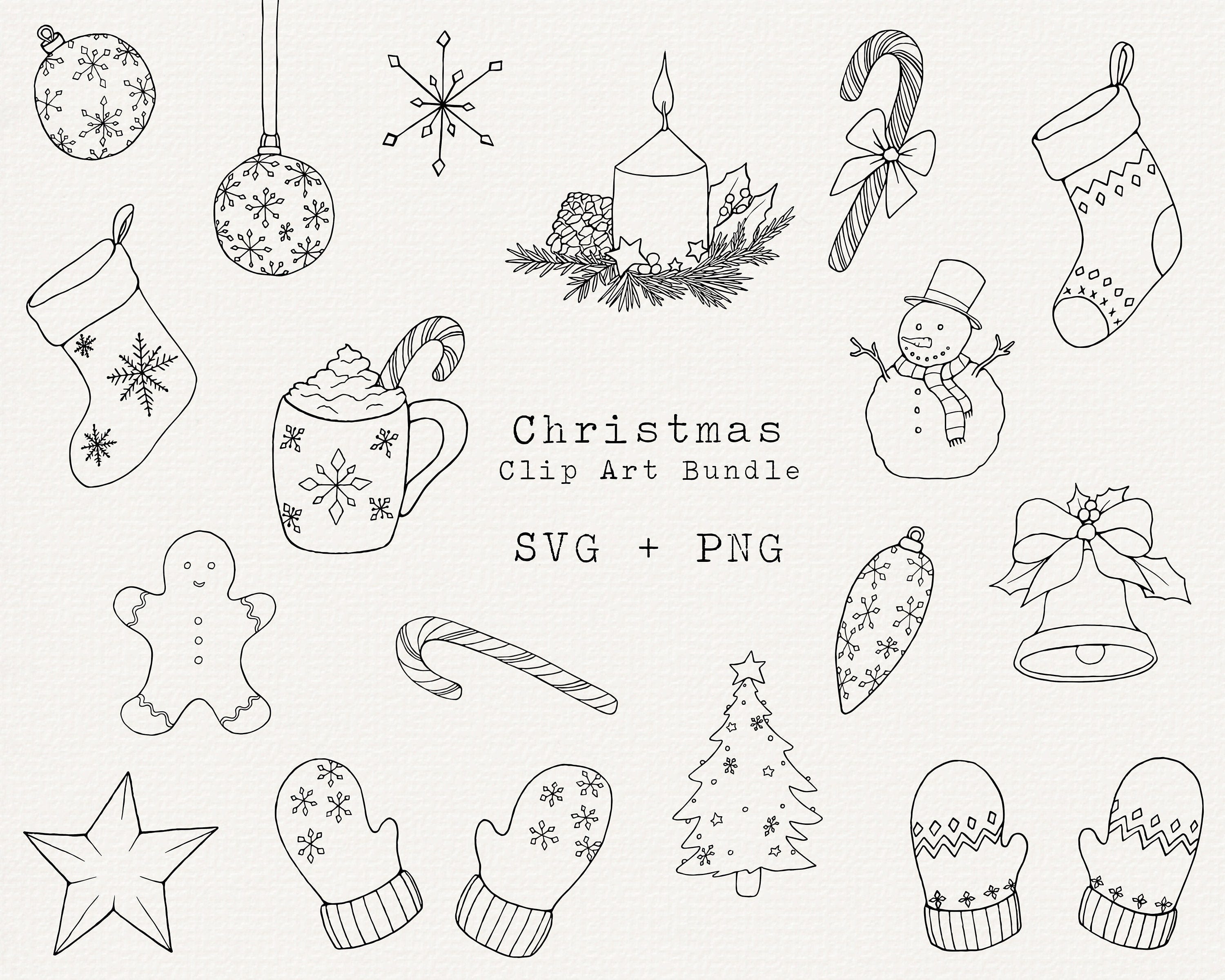 Christmas Line Art SVG Bundle, Christmas Doodle Clip Art, Hand Drawn Christmas Graphics, Holiday Cut Files For Cricut, Commercial Use PNG