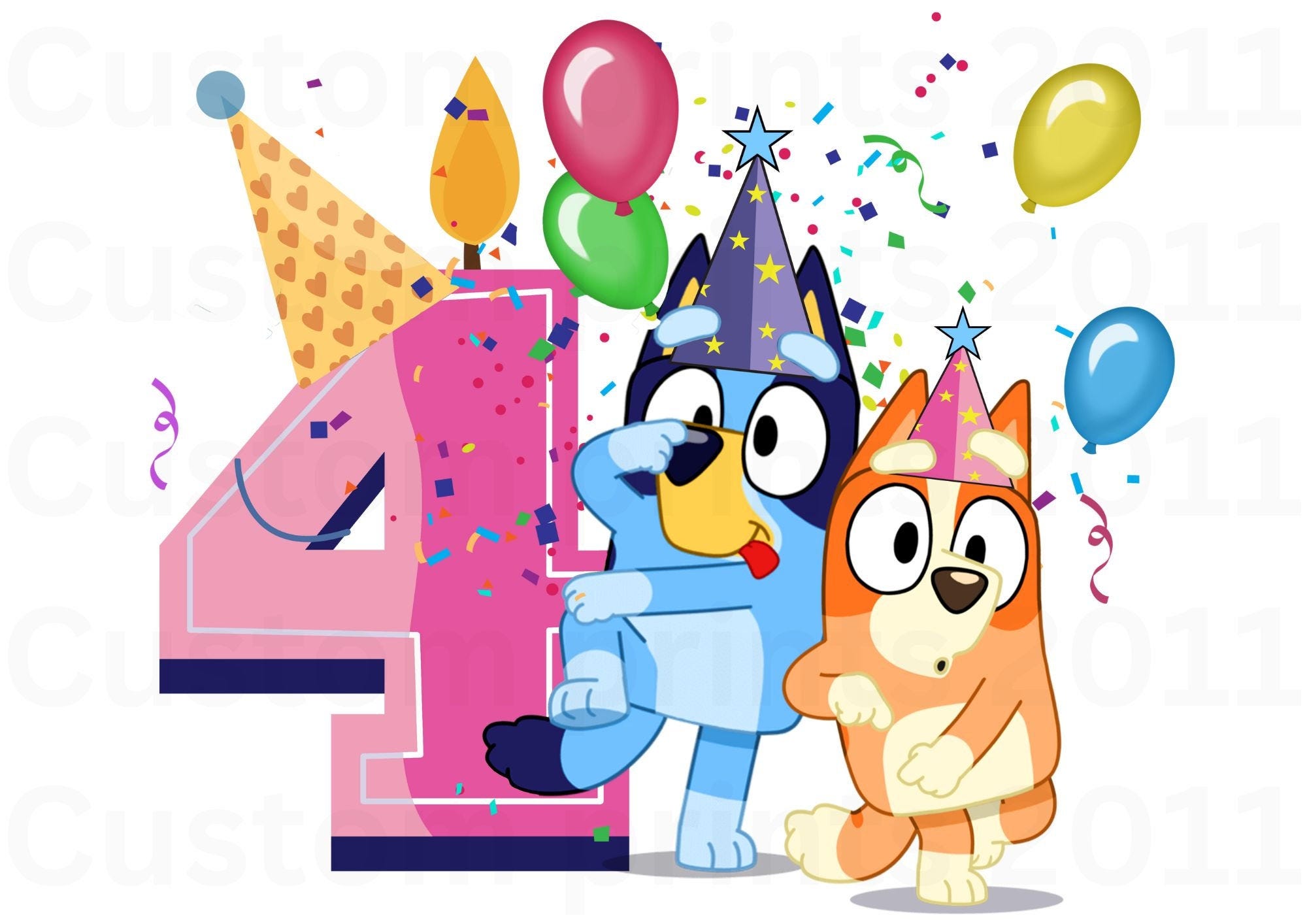 Blue Dog Birthday PNG Digital Download File Girl Age 4 Sublimation Party Celebration Re-Size 300dpi Quality