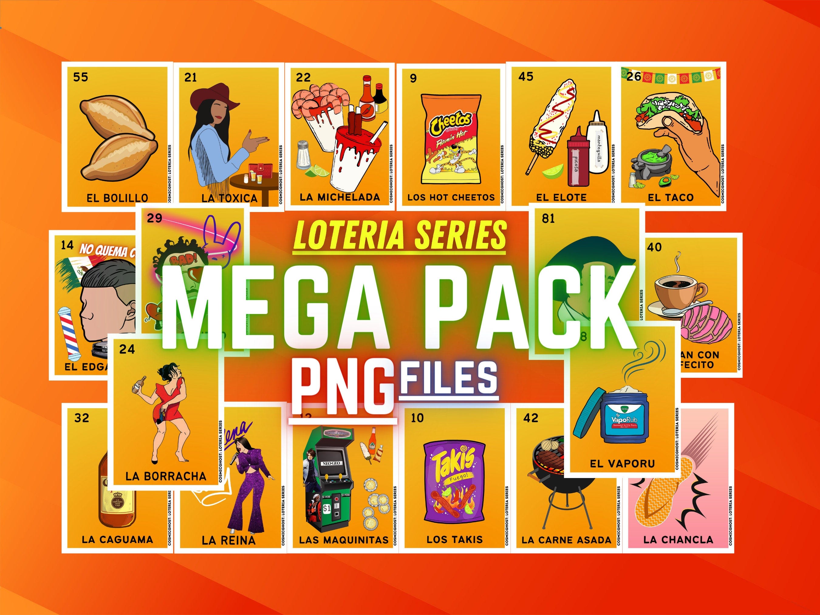 Loteria Series MEGA Pack - 18 PNG Downloads - Loteria Designs - PNG Files - Bolillo - La Toxica - La Michelada - El Elote - La Reina - Y mas