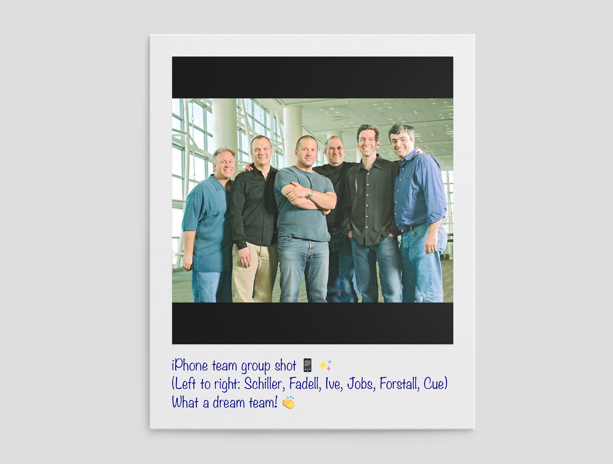 Polaroid photo of Shiller, Fadell, Ive, Jobs, Cue