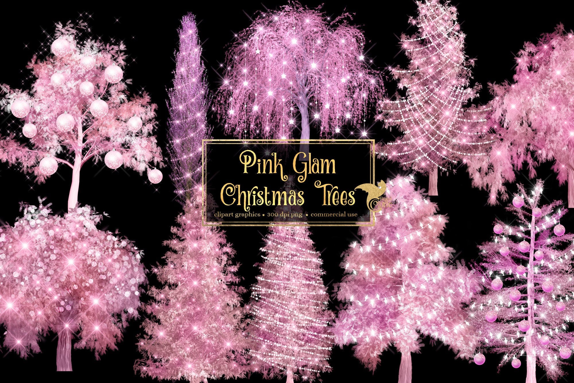 Pink Glam Christmas Trees Clip Art - digital holiday lighted tree clipart in png format instant download for commercial use