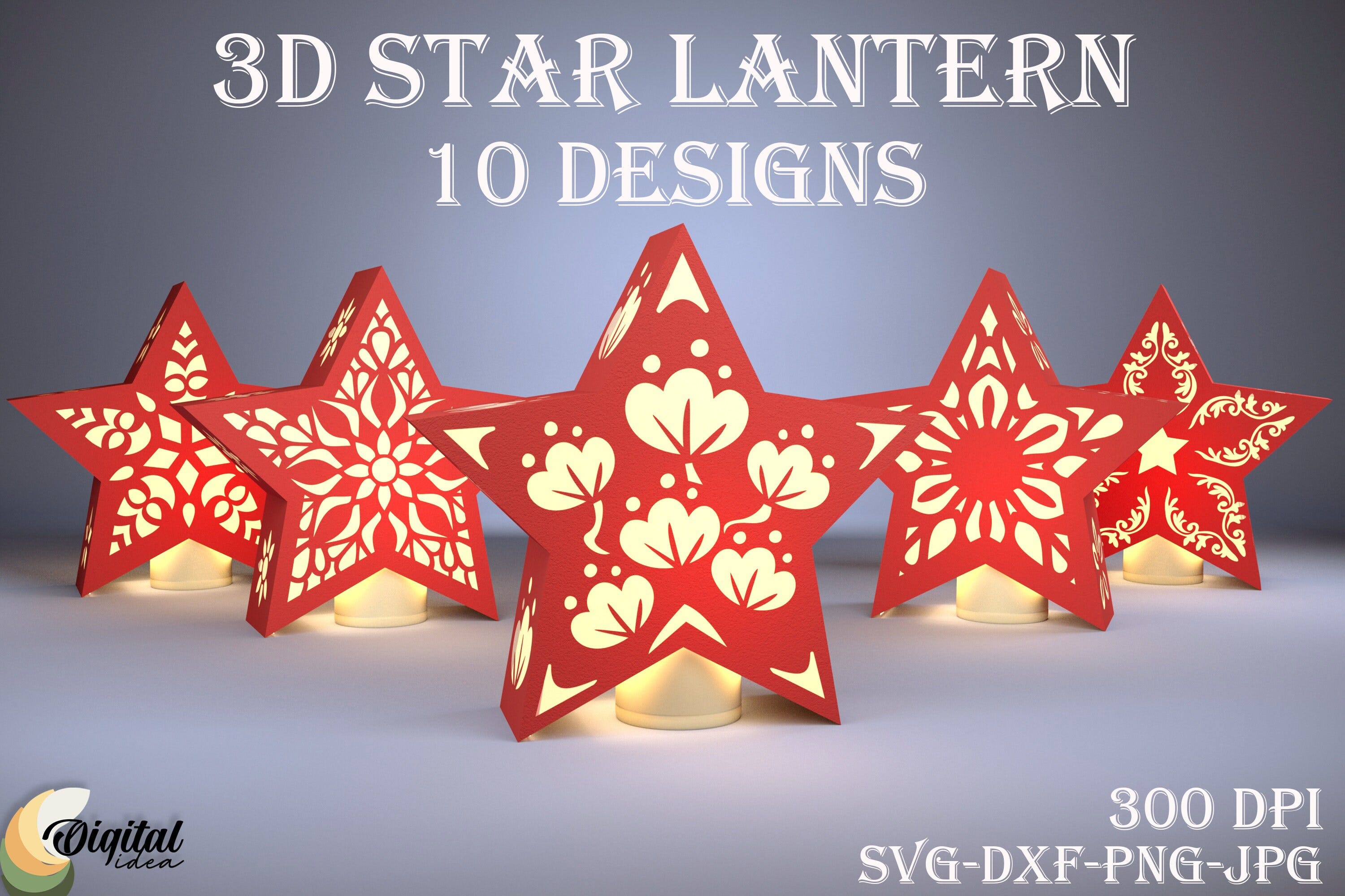 3D Star lantern bundle, Papercut lantern template, Star shaped lamp SVG, 3D paper cut, Nightlamp, Boho, Home decor, lightbox SVG