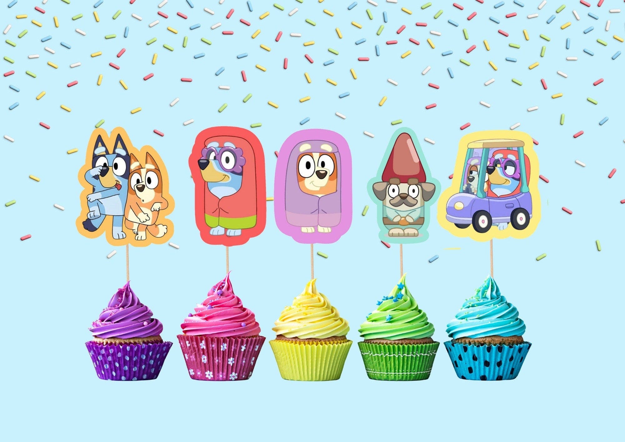 DIY Bluey Digital Cupcake Toppers - Instant Download and Easy Assembly! Grannies, muffin, socks, coco, Winton, indie, turtleboy