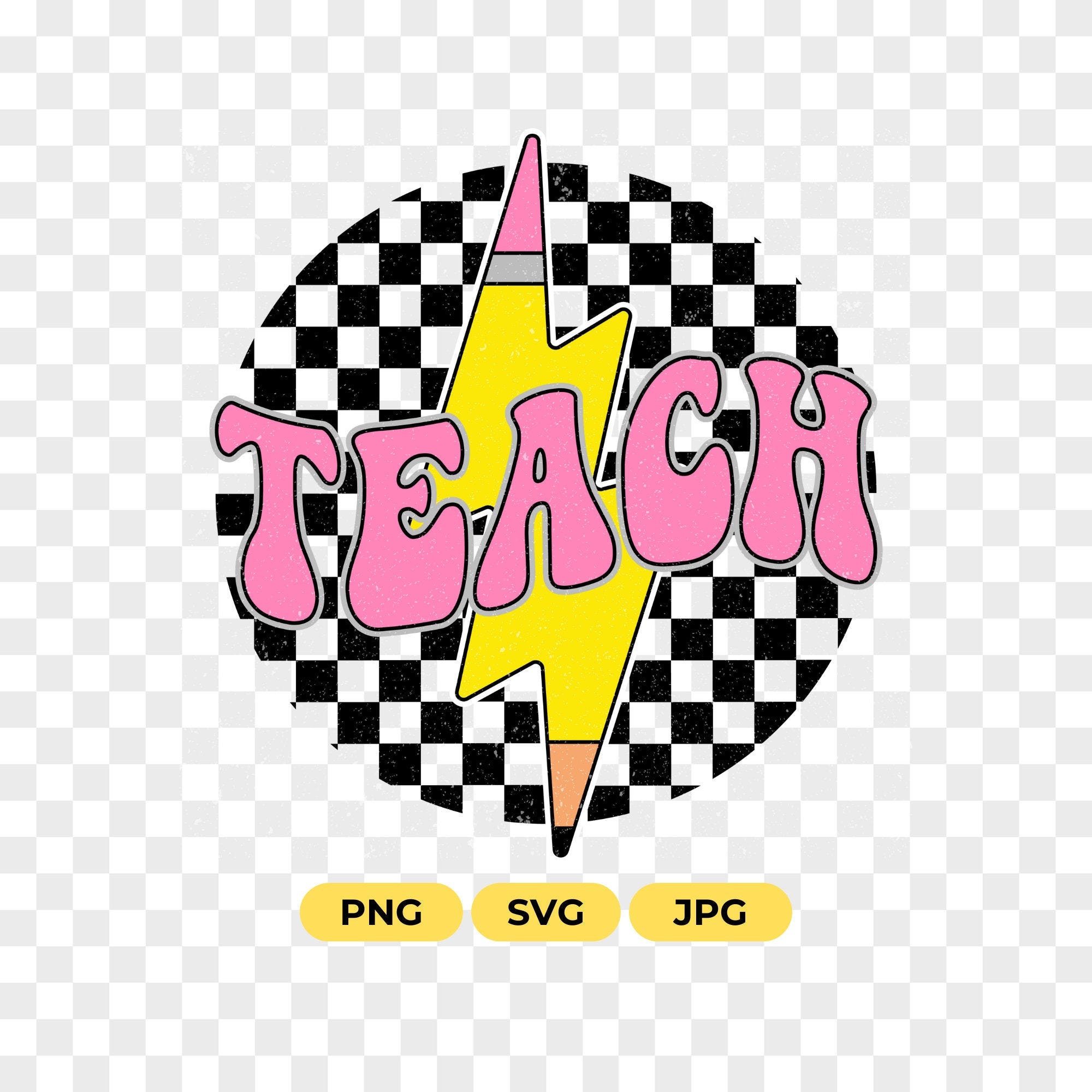 Retro Teach Svg Png, Teacher Png, Lightning Bolt Teach Svg for Cricut Checkered Teach Pencil Teacher Gift Design, Checkerboard Teach Svg Png