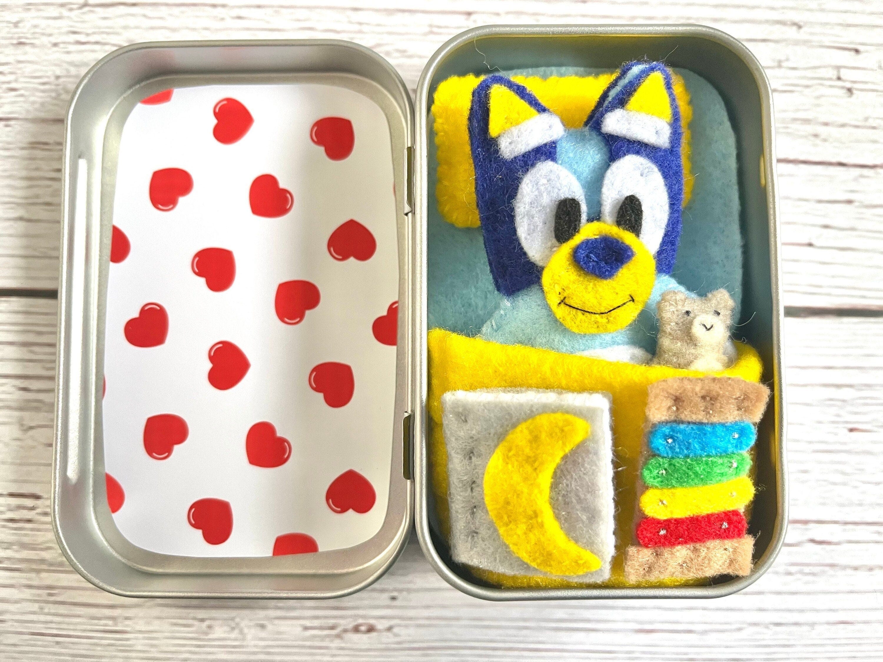 Plush Reversible Felt Bluey-Inspired Altoid Tin Play Set with Teddy Bear, Magic Xylophone, Bed, and Book