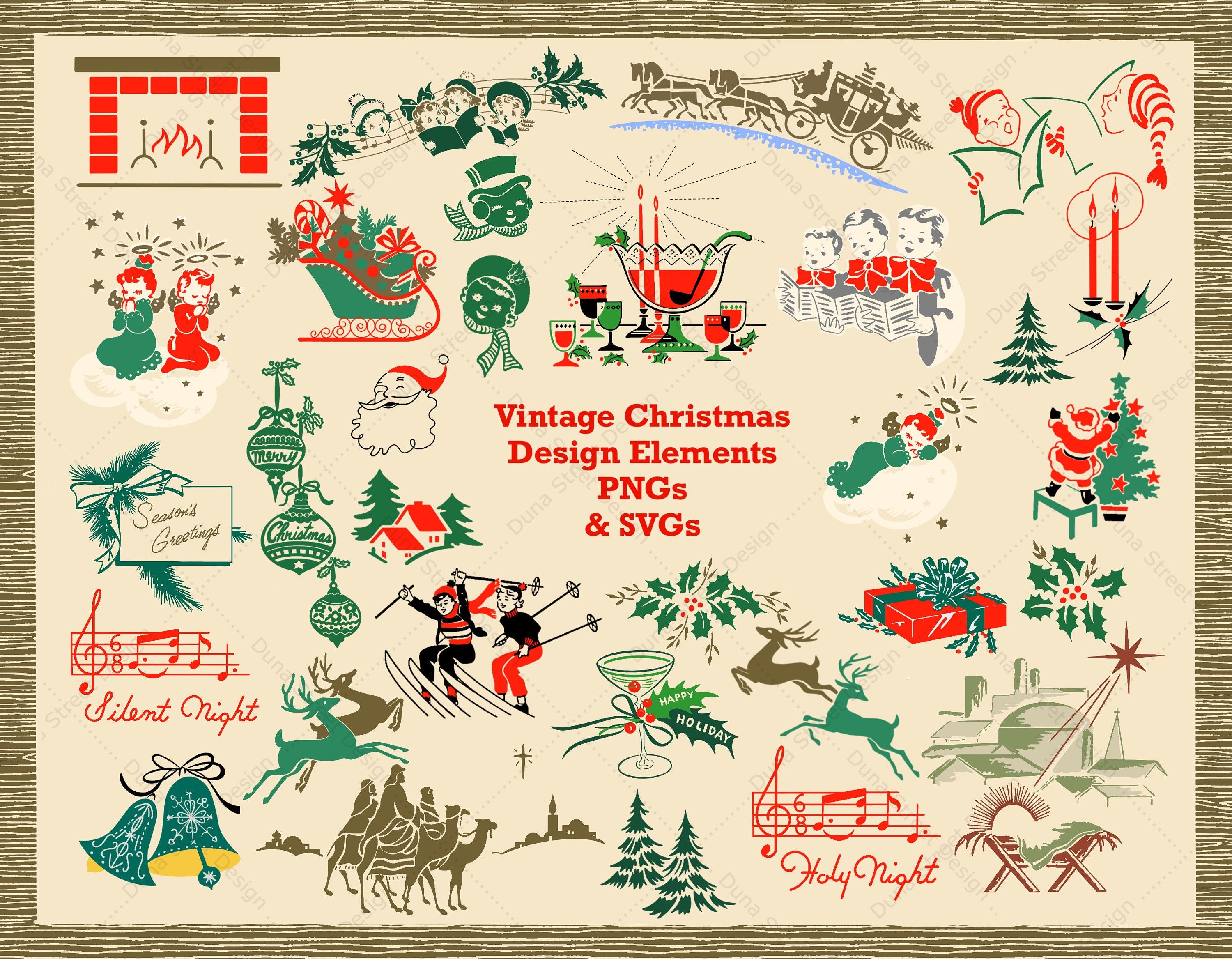 PNG & SVG Vintage Christmas Clipart Design Elements 1940s 1950s | Digital Download Files | Midcentury Retro Manger Carolers Angels Trees