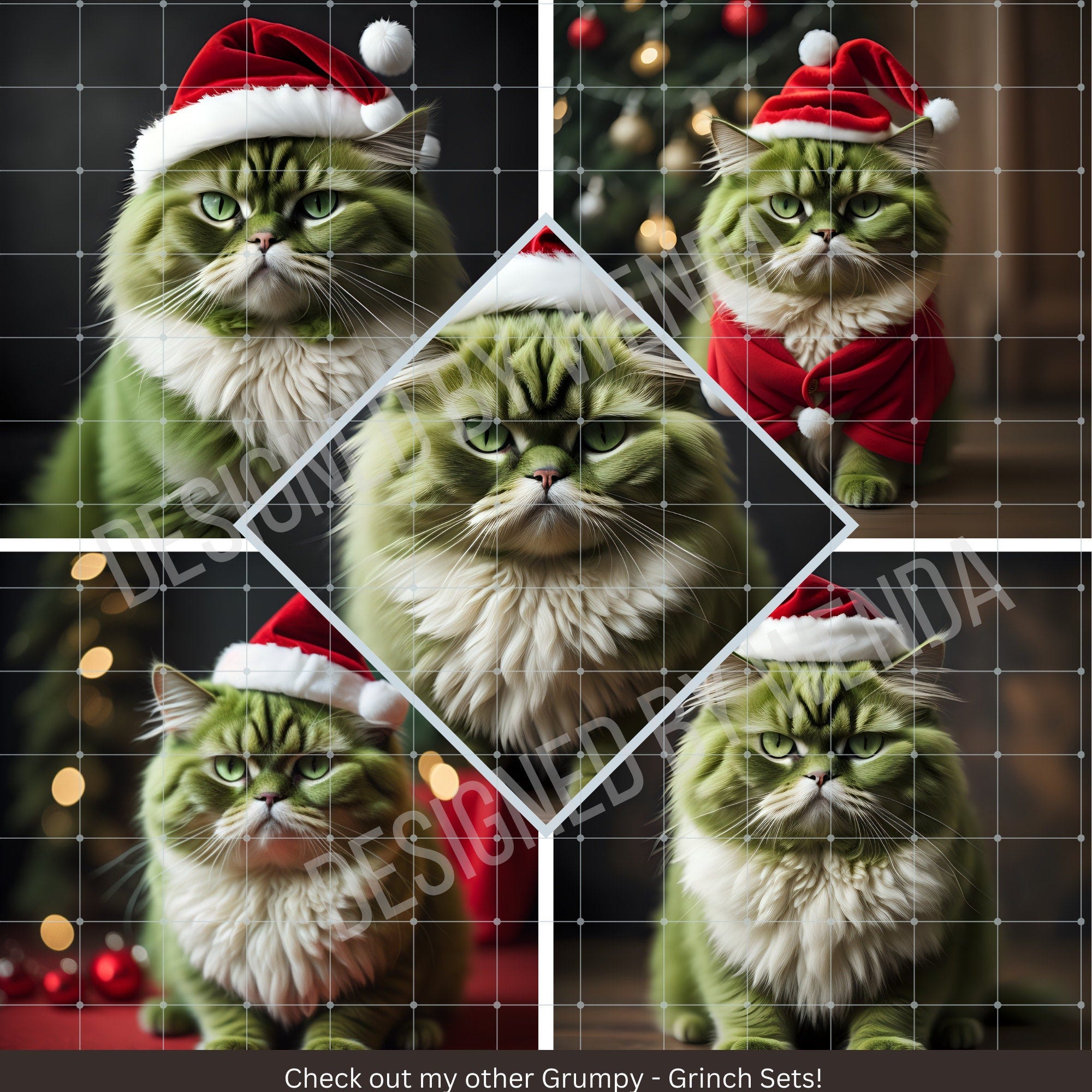 5 Christmas Grinch-Inspired Grumpy Cat Instant Digital Download.  Whimsical Holiday Décor, Grumpy Cat Lover Gift, High Quality PNG, Prints