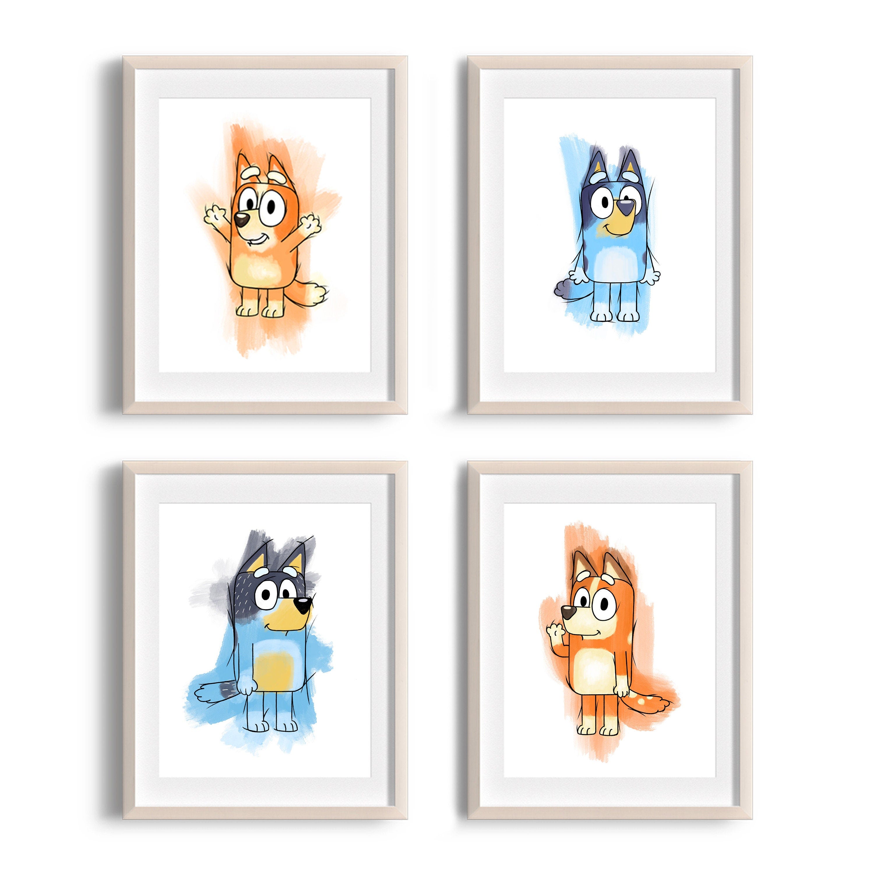 Bluey , Bingo , Bandit, Chilli 4 x print bundle, Childrens Bedroom Wall Art, Watercolour Poster Print, Mum, Dad