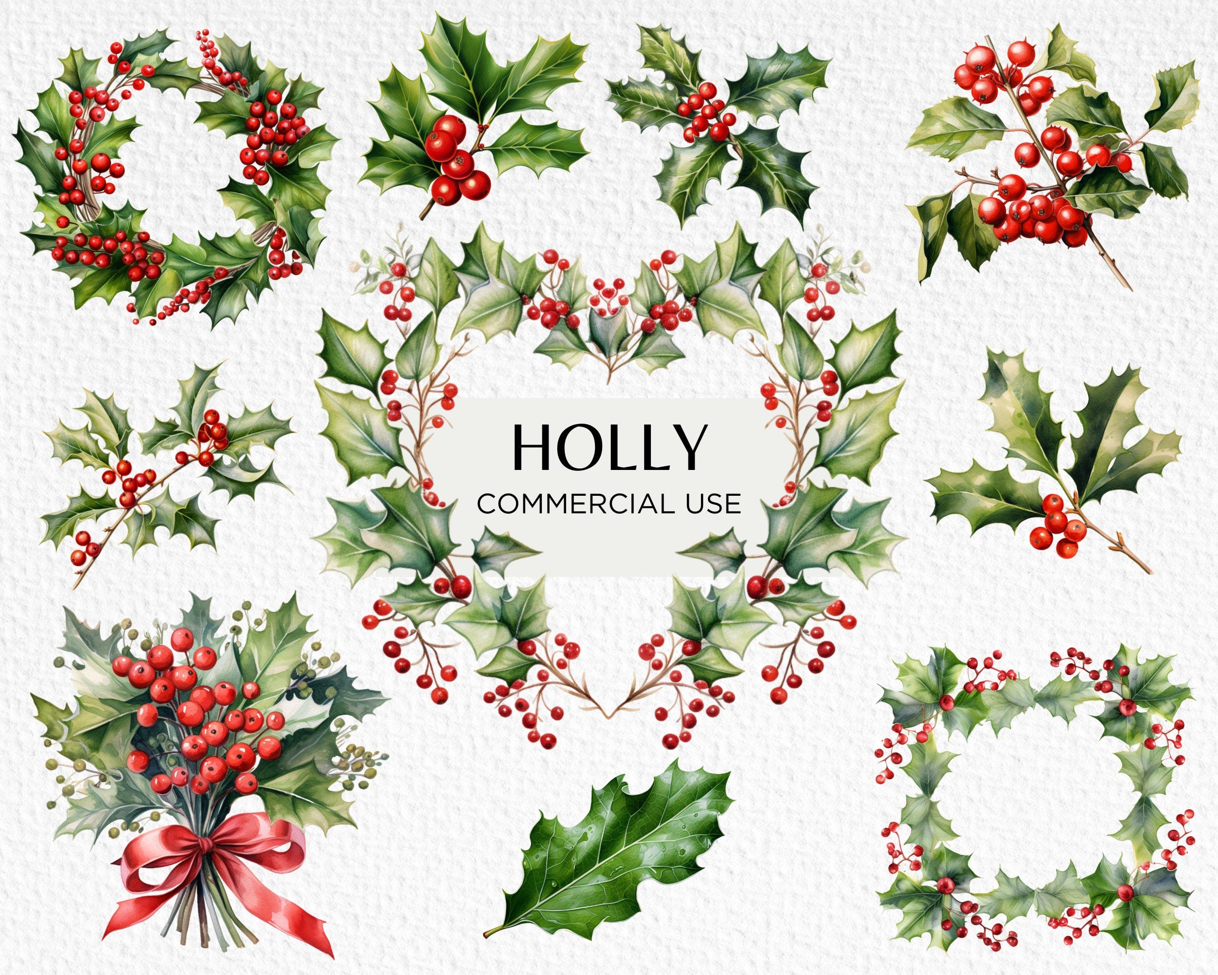 Holly Watercolour Clipart, 10 Transparent PNG 300 dpi, Christmas Botanicals, Festive Foliage, Holly Wreath, Digital Download, Commercial Use