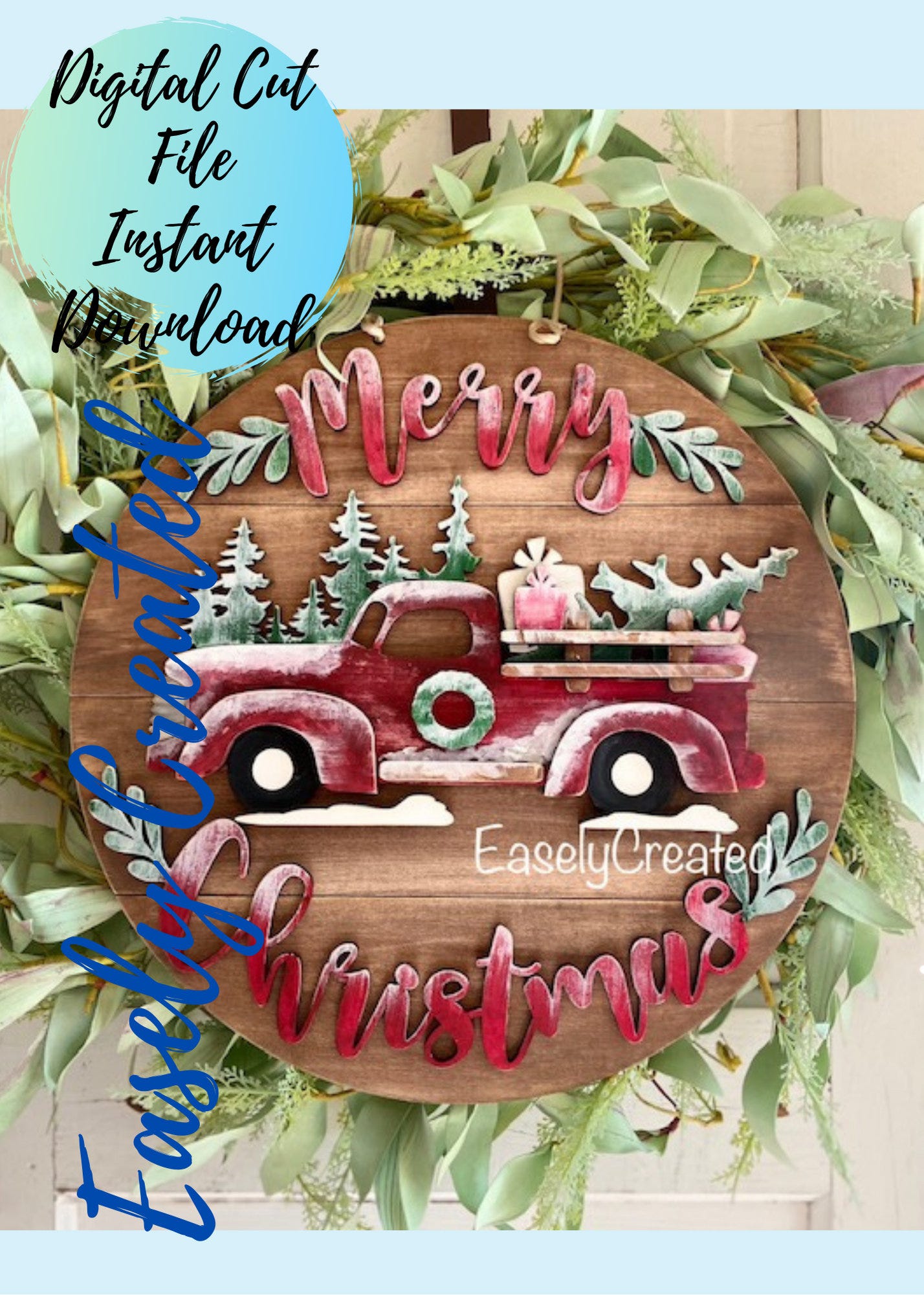 Merry Christmas Red Truck Door Hanger SVG  Digital File - Farmhouse Christmas  Winter Porch Sign SVG Glowforge Christmas Sign Happy Holidays