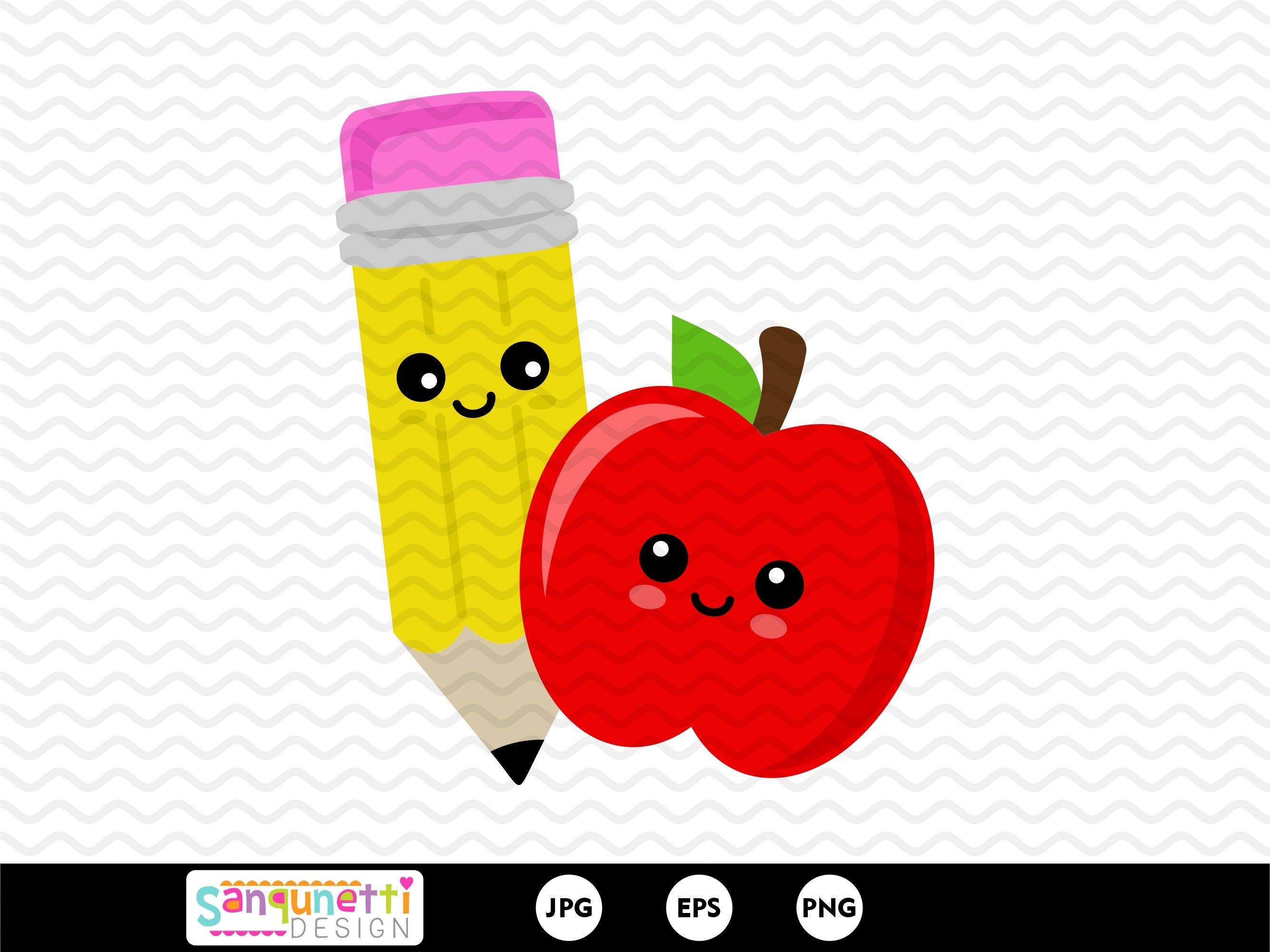 Apple and pencil clipart, back to school teacher and classroom digital art, instant download