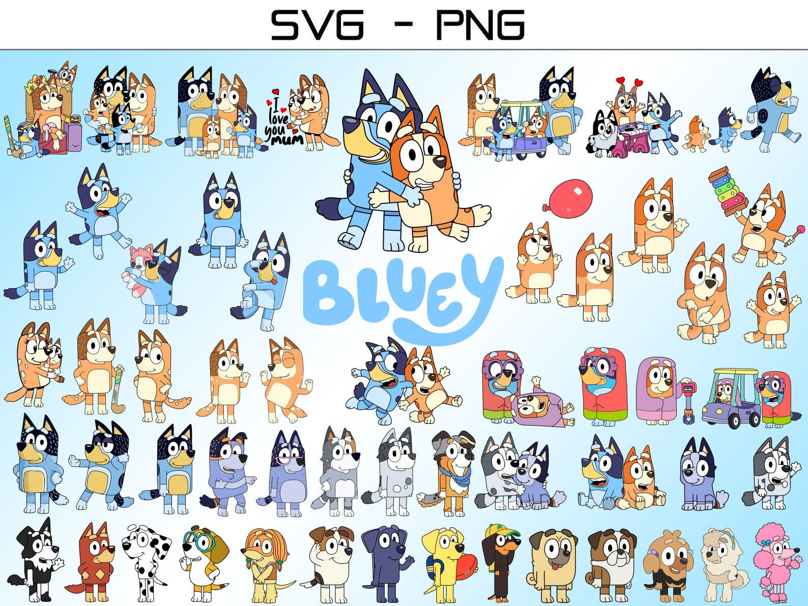 Blue Dog and Friends Svg,Easy to use,Cartoon Characters Cliparts,Layered Svg by colors,Transparent Png,Cut files for Cricut,Blue Dog Birthda