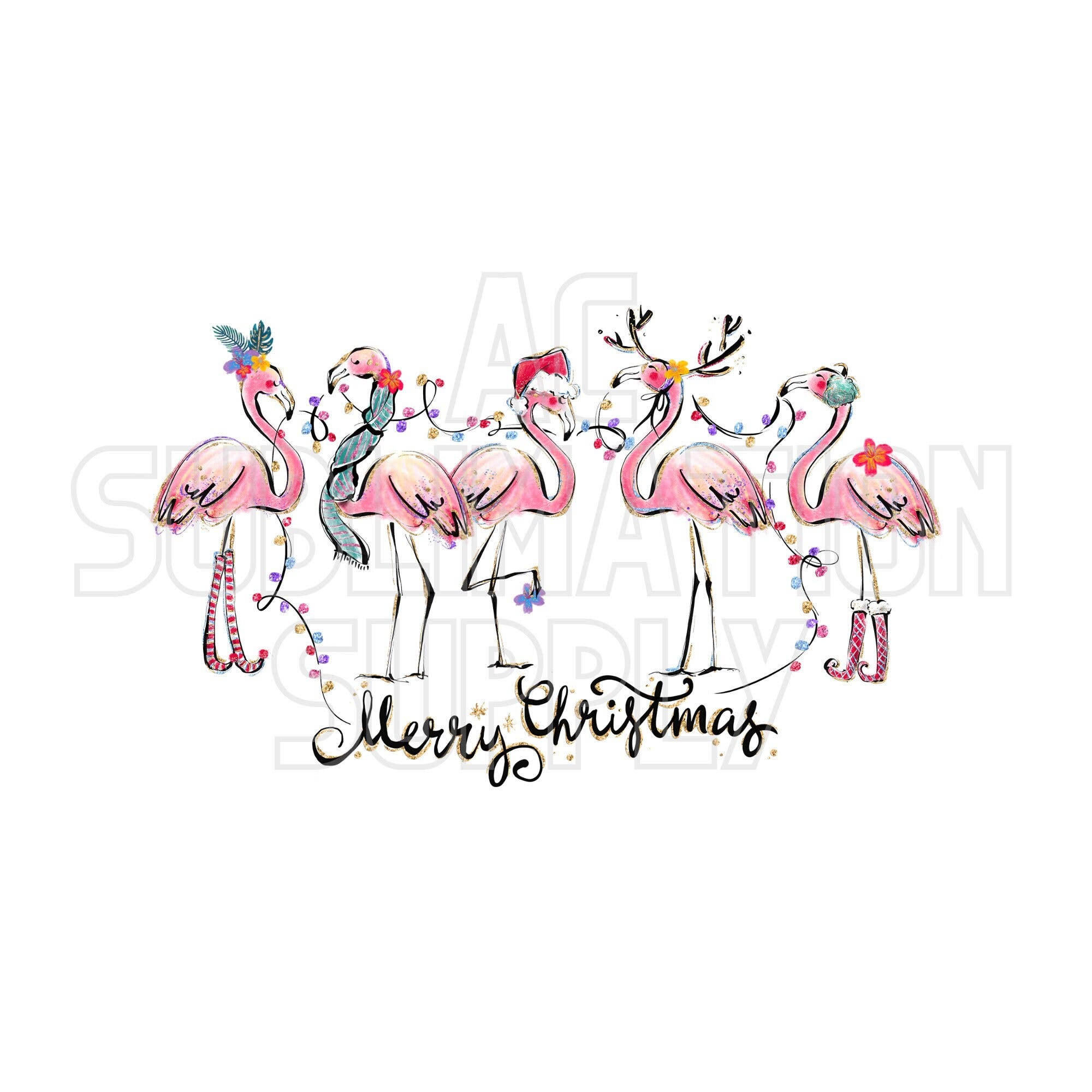 Ready to Press Sublimation Transfers | Up to 13" x19" | Merry Christmas Flamingos | Holidays | Pink Flamingos | Florida Christmas | Tropical