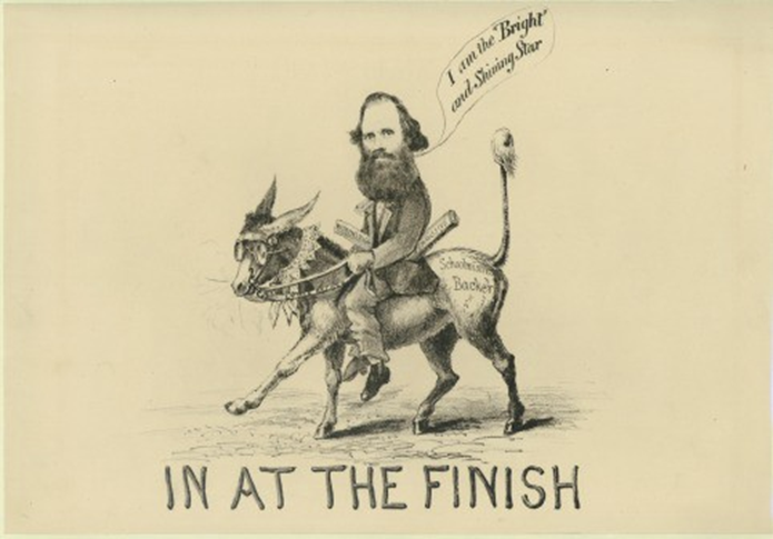 Bearded Victorian politician John Bright riding a bespectacled donkey representing the suffragist Lydia Becker.
