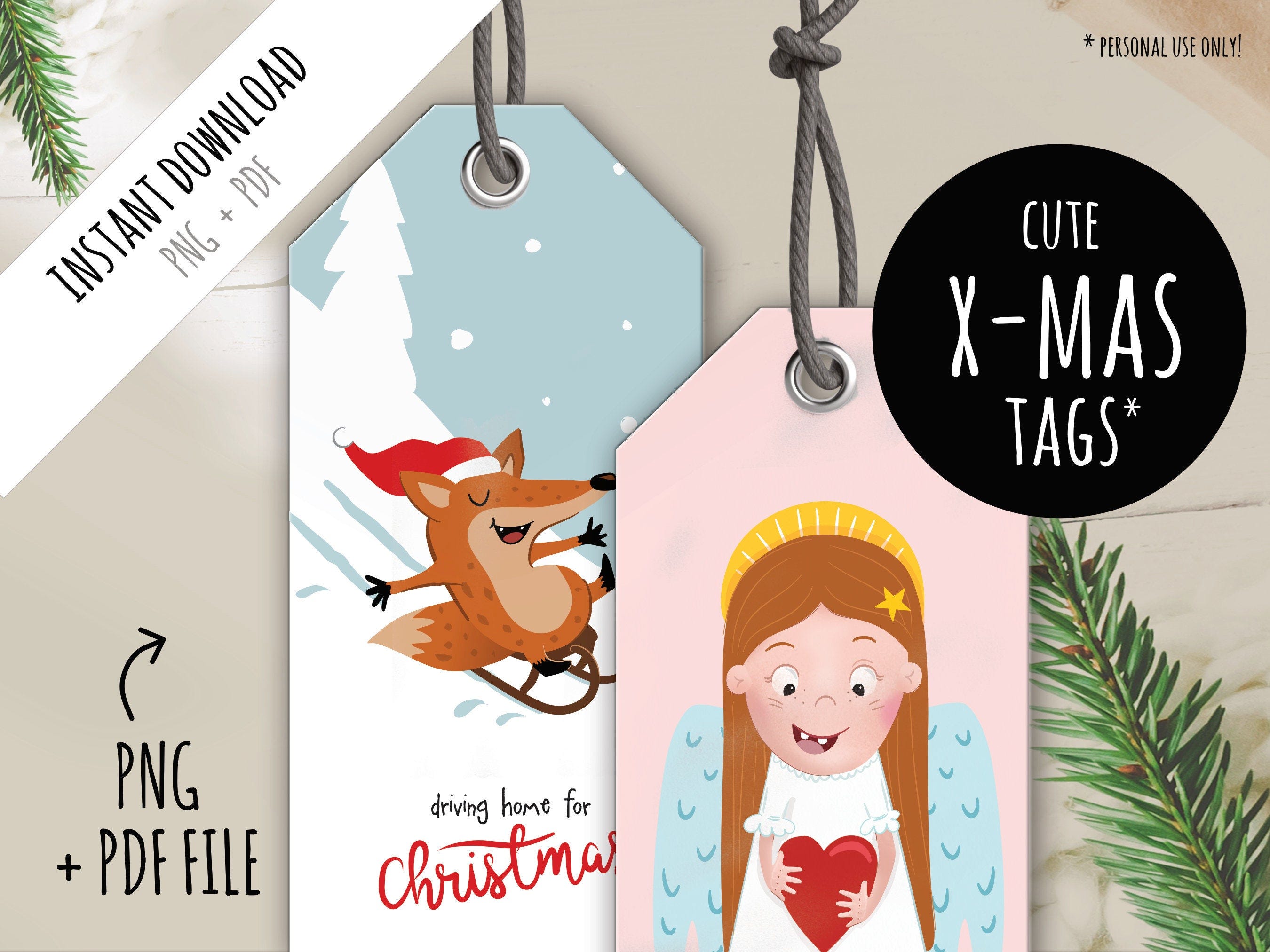 12 Printable “Cute Xmas” Gift Tags for Christmas, Labels, Decoration, Print & Cut, (PNG + PDF) Cricut, Clipart, Illustration