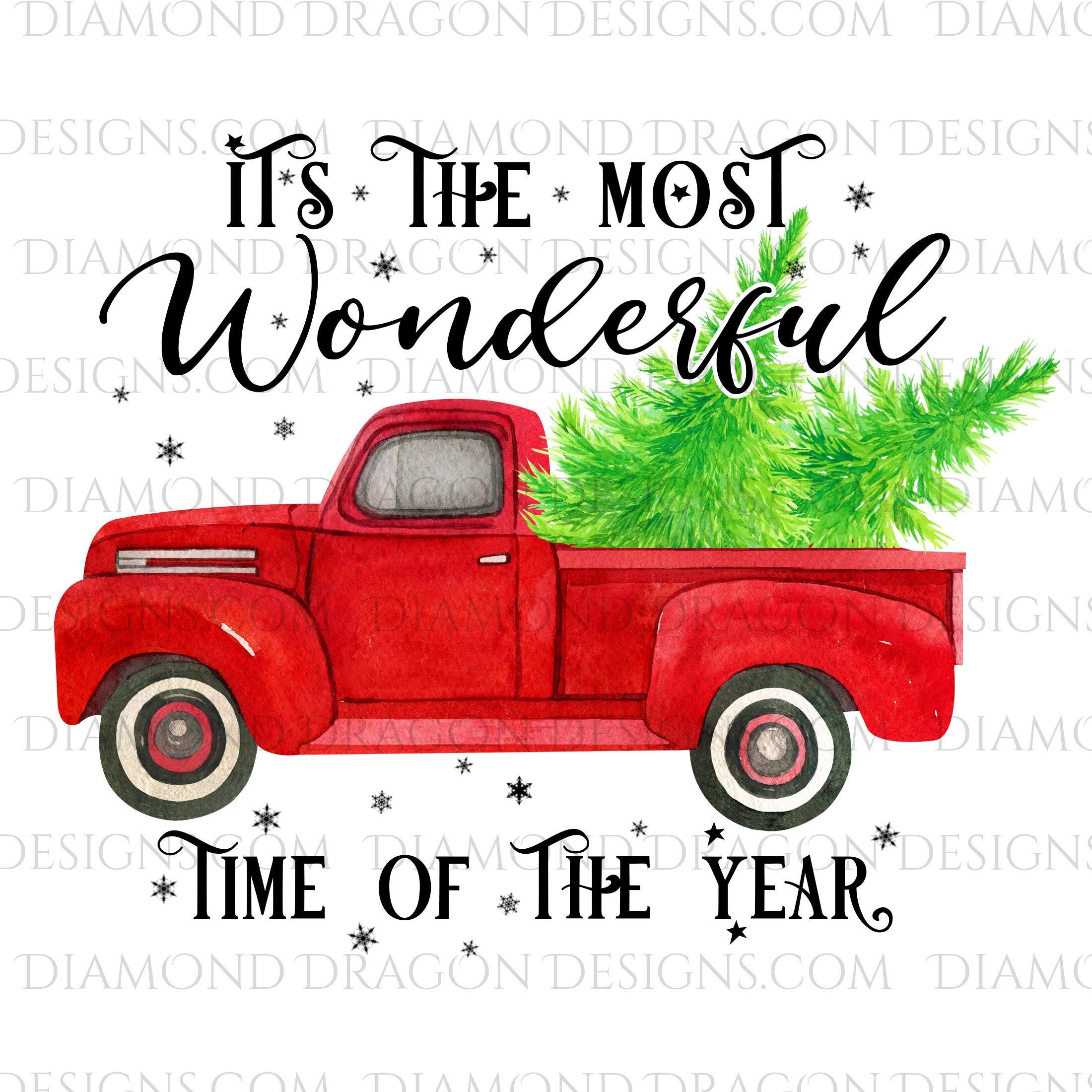 Christmas, Vintage  Red Truck, Tree,  Most Wonderful Time - Laser Printed Clear Waterslide Image, Tumbler Waterslide Decal Transfer