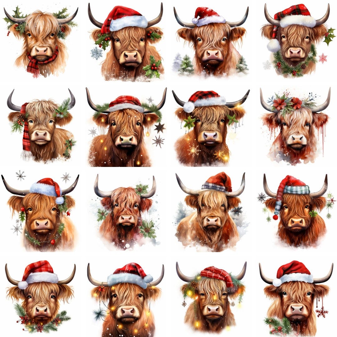 Watercolor Christmas Highland Cow Clipart, winter, holiday, xmas, prints, clip art, Printables, junk journal, scrapbooking, digital download