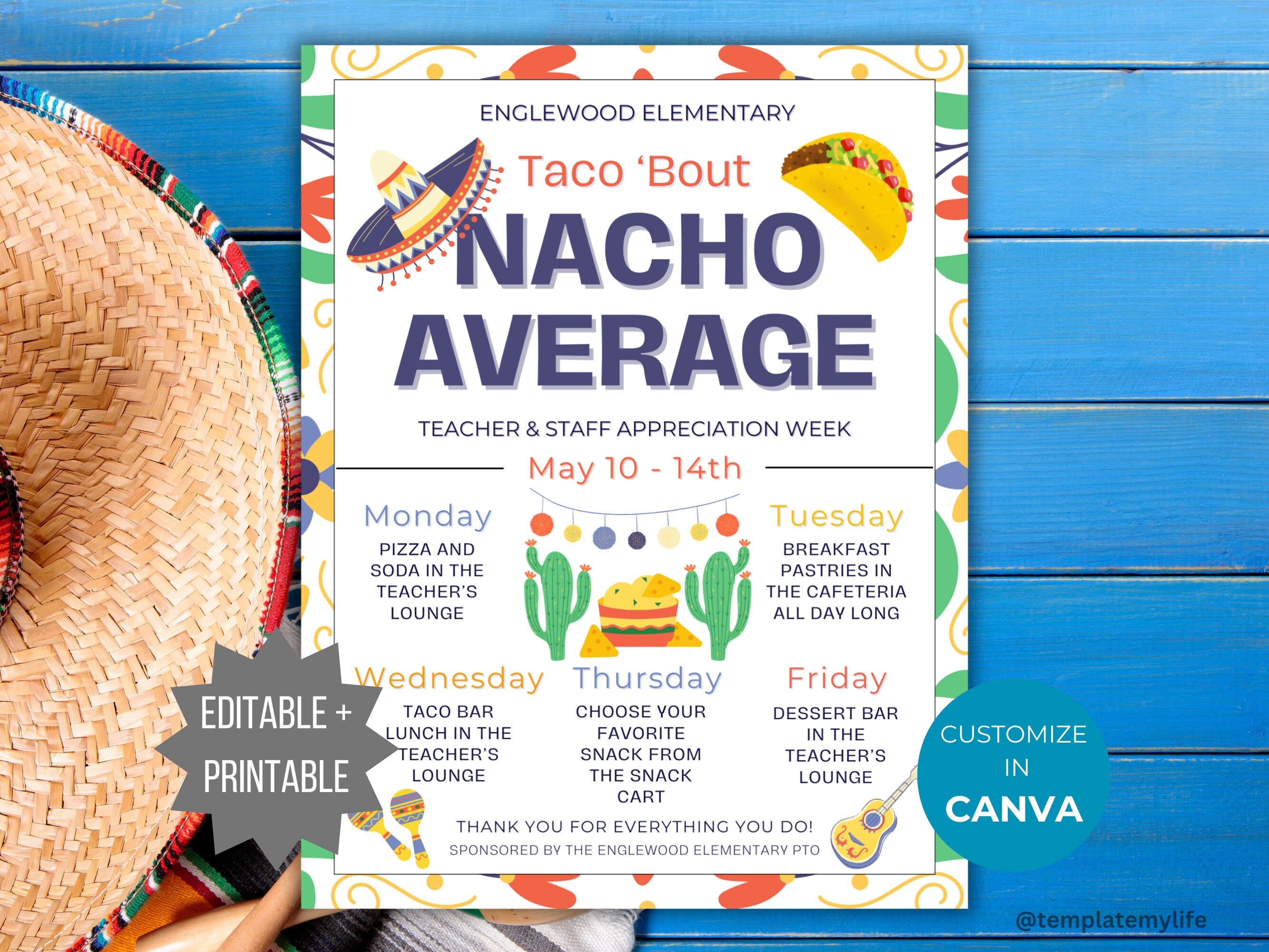 Nacho Average Teacher and Staff Appreciation Week Flyer Template Taco Bout School Staff Appreciation schedule teacher appreciation itinerary
