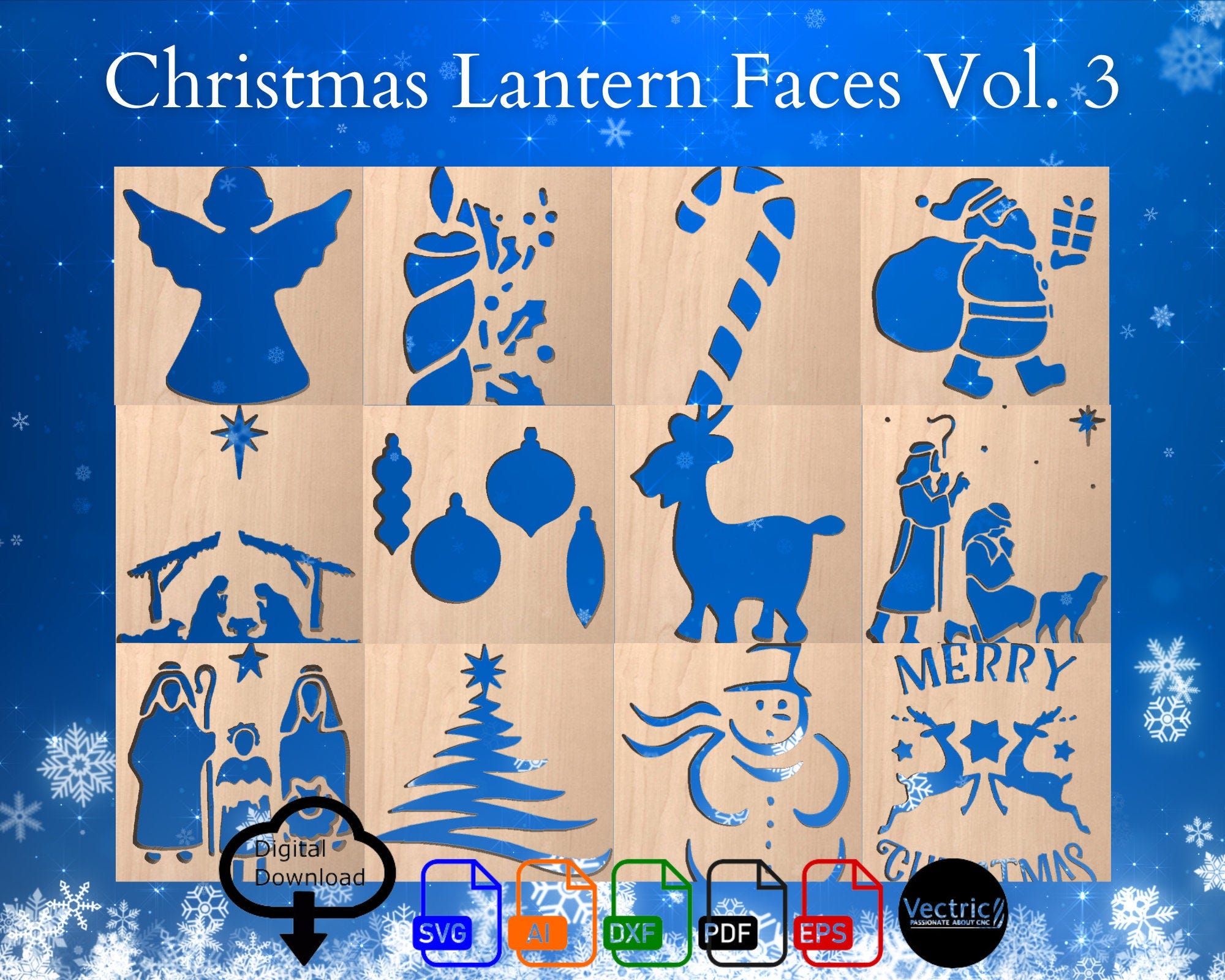 CNC/Laser Christmas Lantern Faces Vol 3 - Twelve Digital download vector files (Svg, AI, Dxf, Eps & Pdf)  and Vectric CRV files