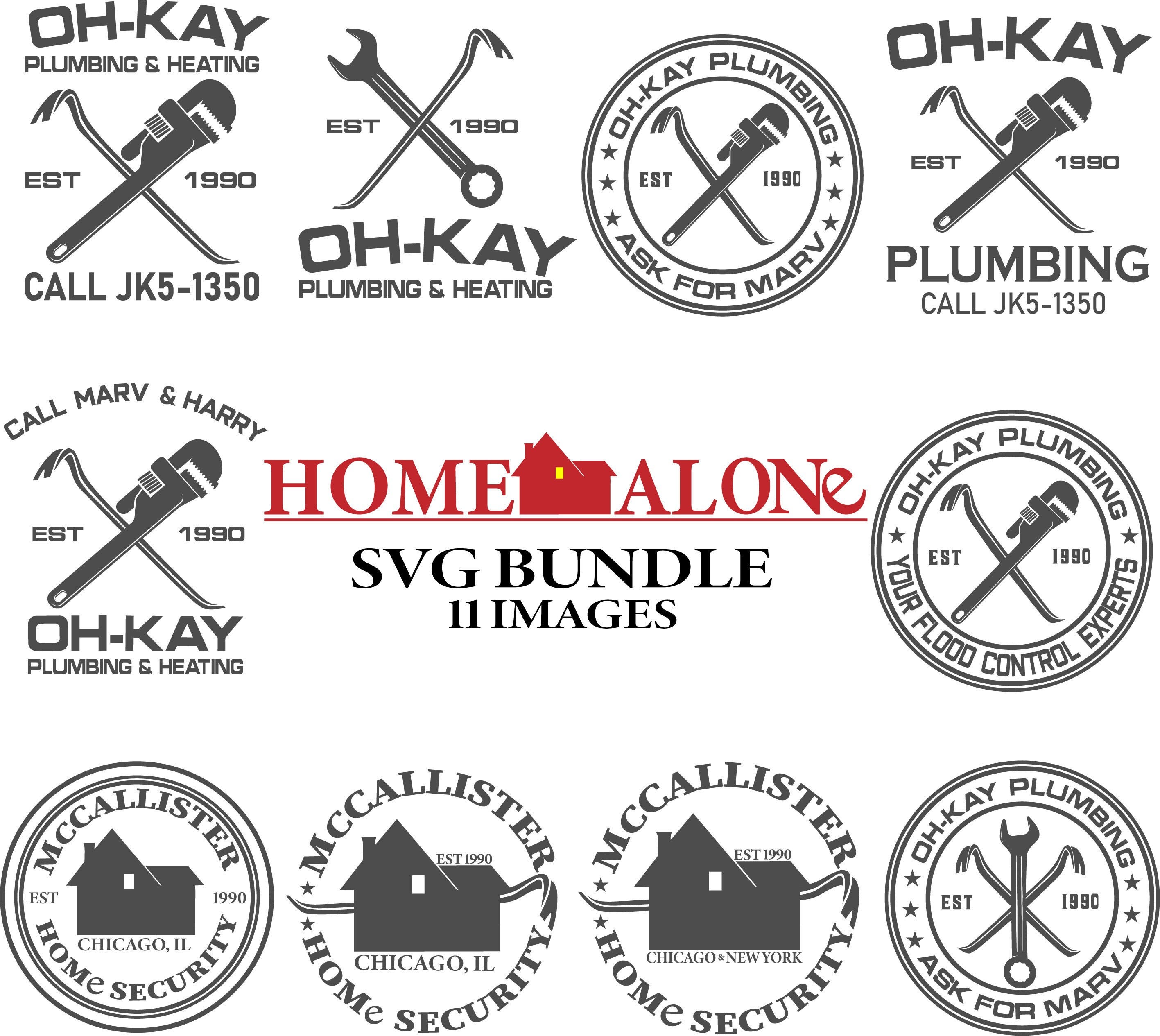 11 SVG Bundle Home  Alone Wet Bandits Oh-Kay Plumbing McCallister Security Fake Logos | SVG PNG for vinyl and tshirts