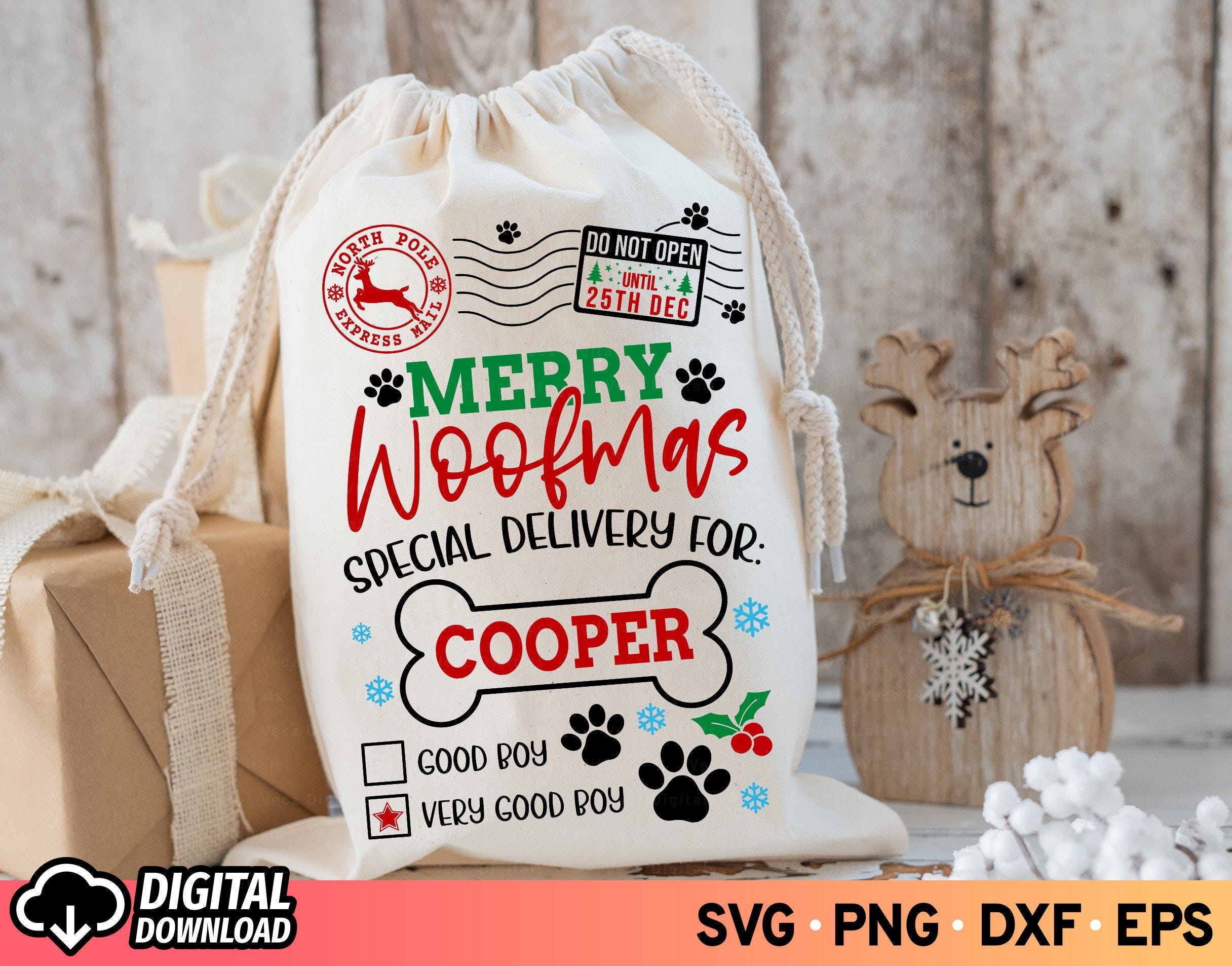 Merry Woofmas SVG, Dog Santa Sack Svg, Santa Bag Svg, Dog Christmas Sack Svg, North Pole Stamp Svg, Custom Dog Name Svg, Christmas Bags, Png
