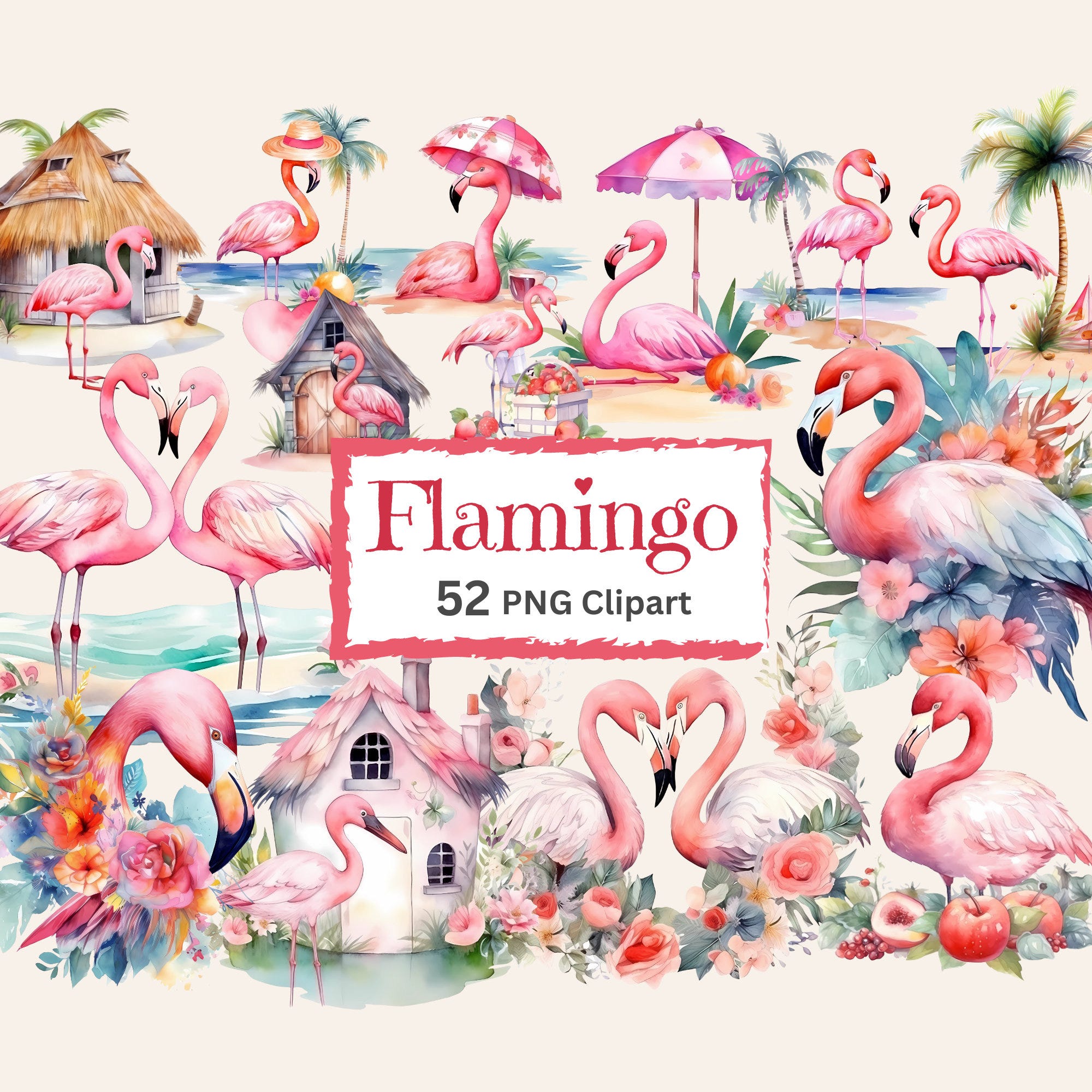 Flamingo PNG Clipart Bundle Tropical Birds with Floral Fruits Watercolor Illustration Junk Journal Crafting Paper Scrapbook Instant Download