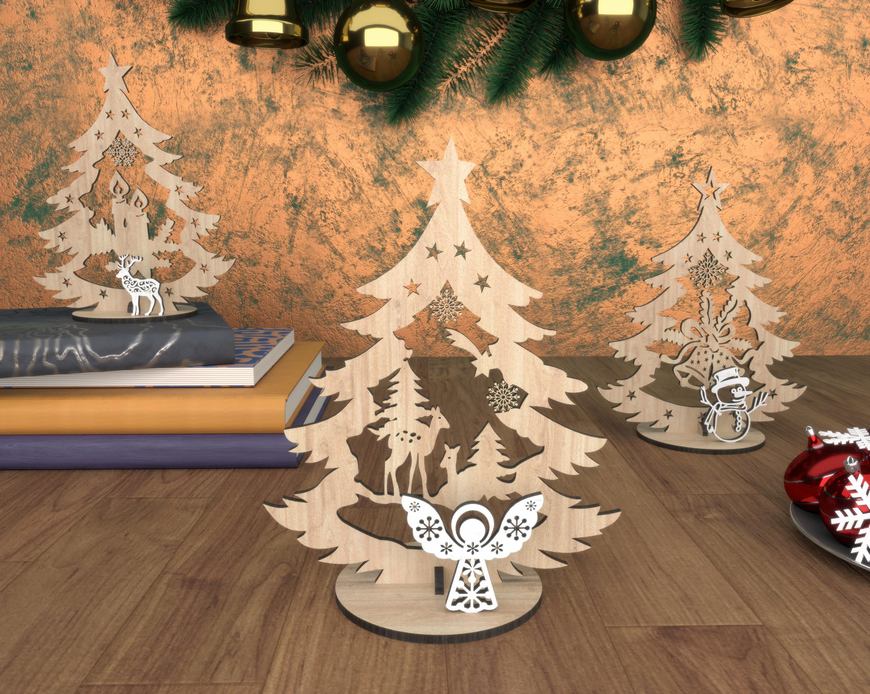 3 Different Laser Cut Files Standing Christmas Trees with Deer Gifts and Snowman Laser cut files Digital Download SVG Dxf Pdf Cdr Ai